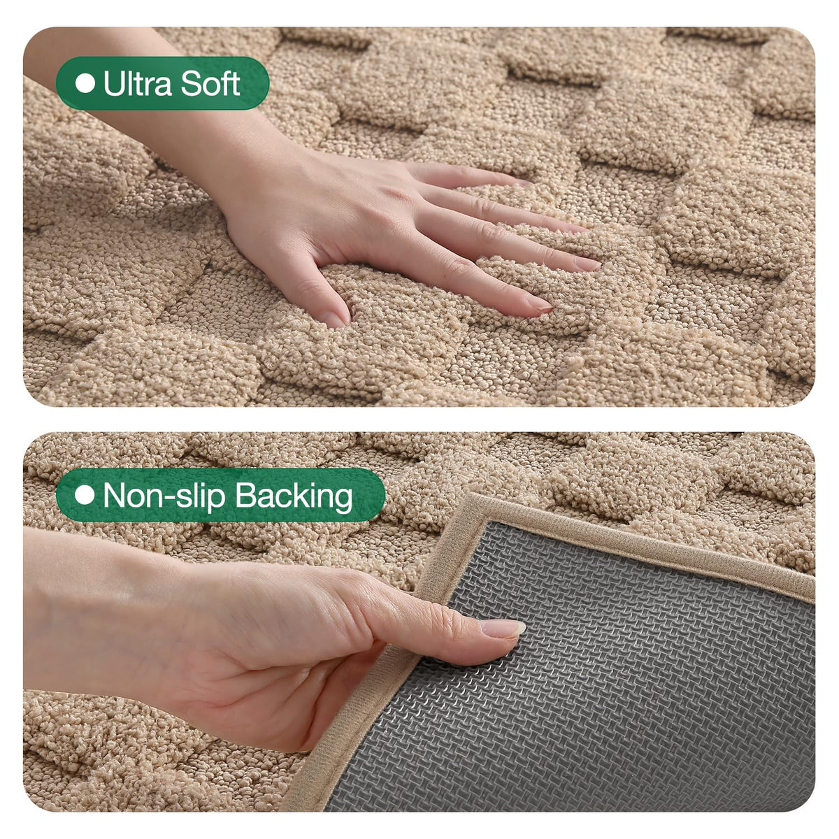 LUMI Non Slip Checkered Bathroom Rugs, Absorbent Waffle Mat, Beige, 16x24