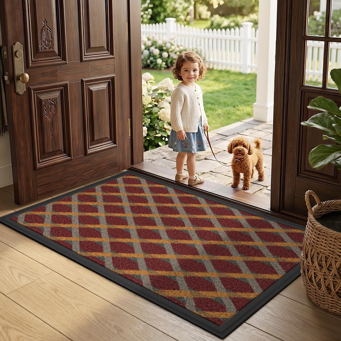 LUMI Front Door Mat 17x30, Low-Profile Non-Slip Welcome Mat for Indoor Outdoor, Stain & Fade Resistant Geometric Door Mat for Entryway Patio Porch, Geo-Navy