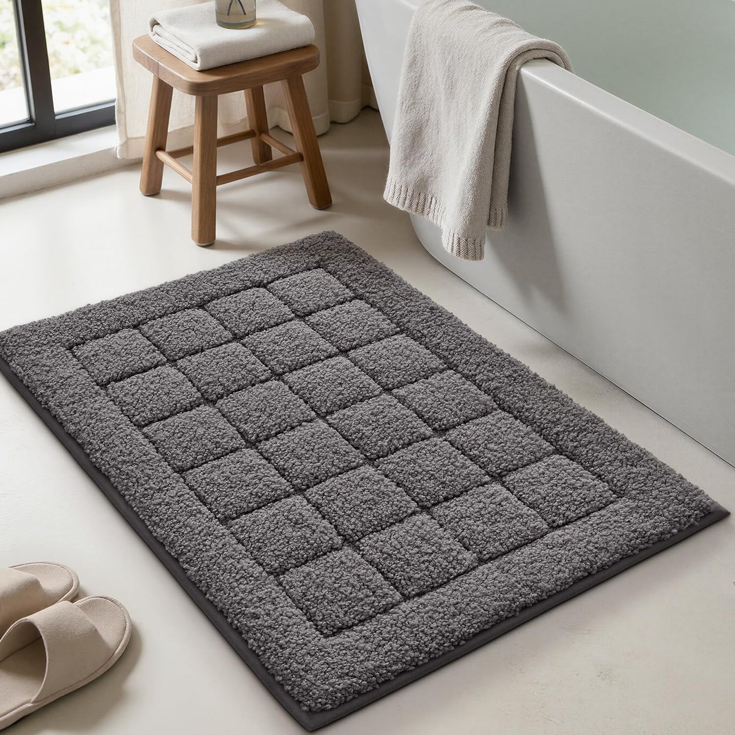 LUMI Modern Bathroom Rug, Serene Grid Series.