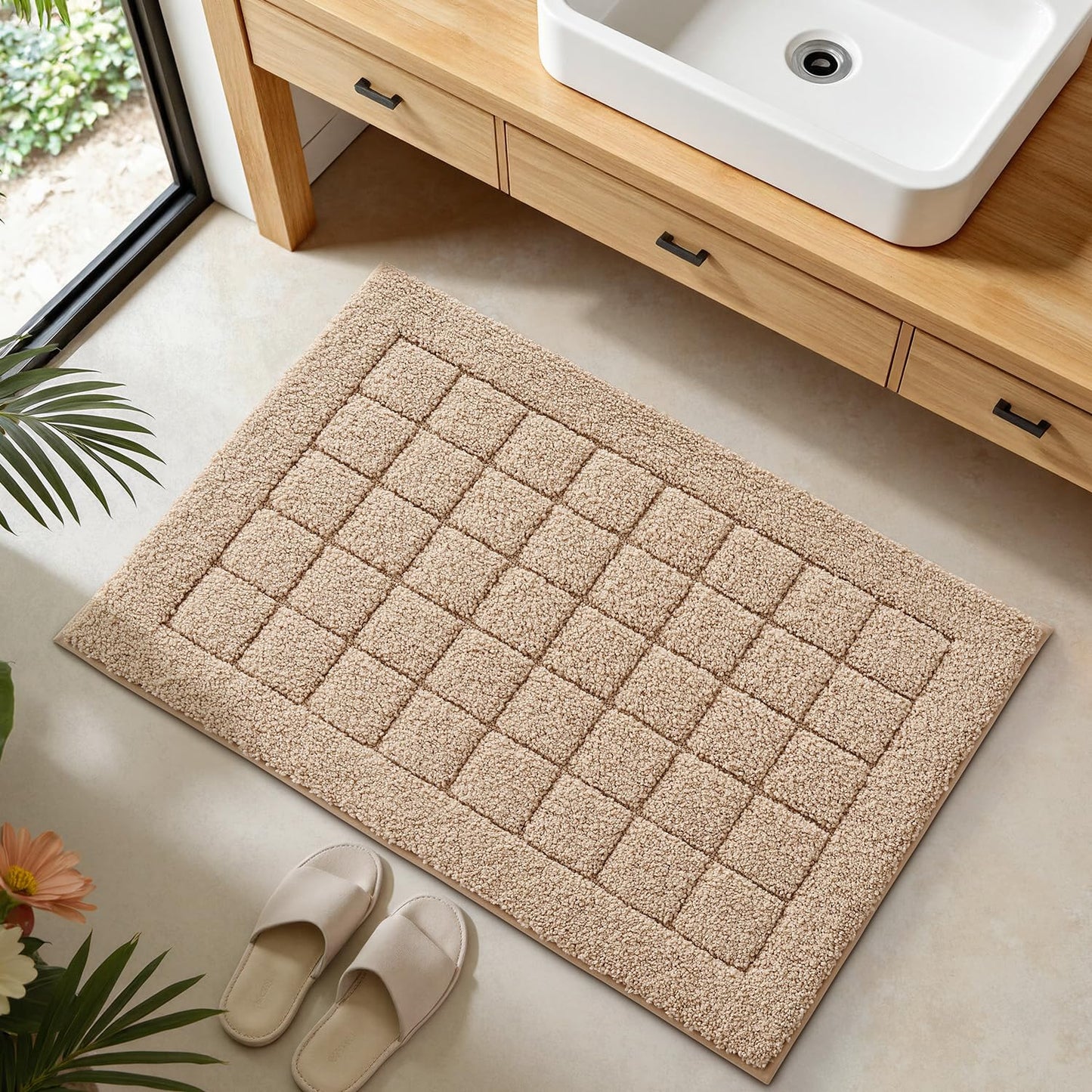 LUMI Modern Bathroom Rug, Serene Grid Series.