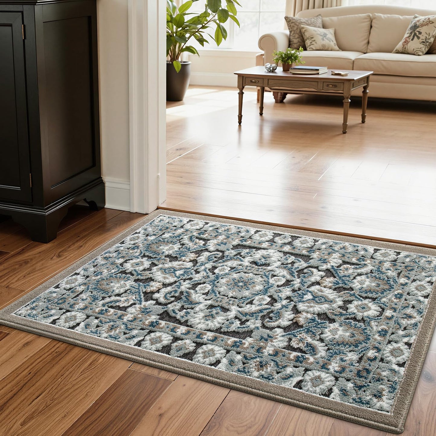LUMI Indoor Door Mat for Entrance 17x30, Luxury Front Doormat with Non-Slip Latex Rubber Backing, Soft Washable Dirt Trapper, Flower Bliss (Folded Package)