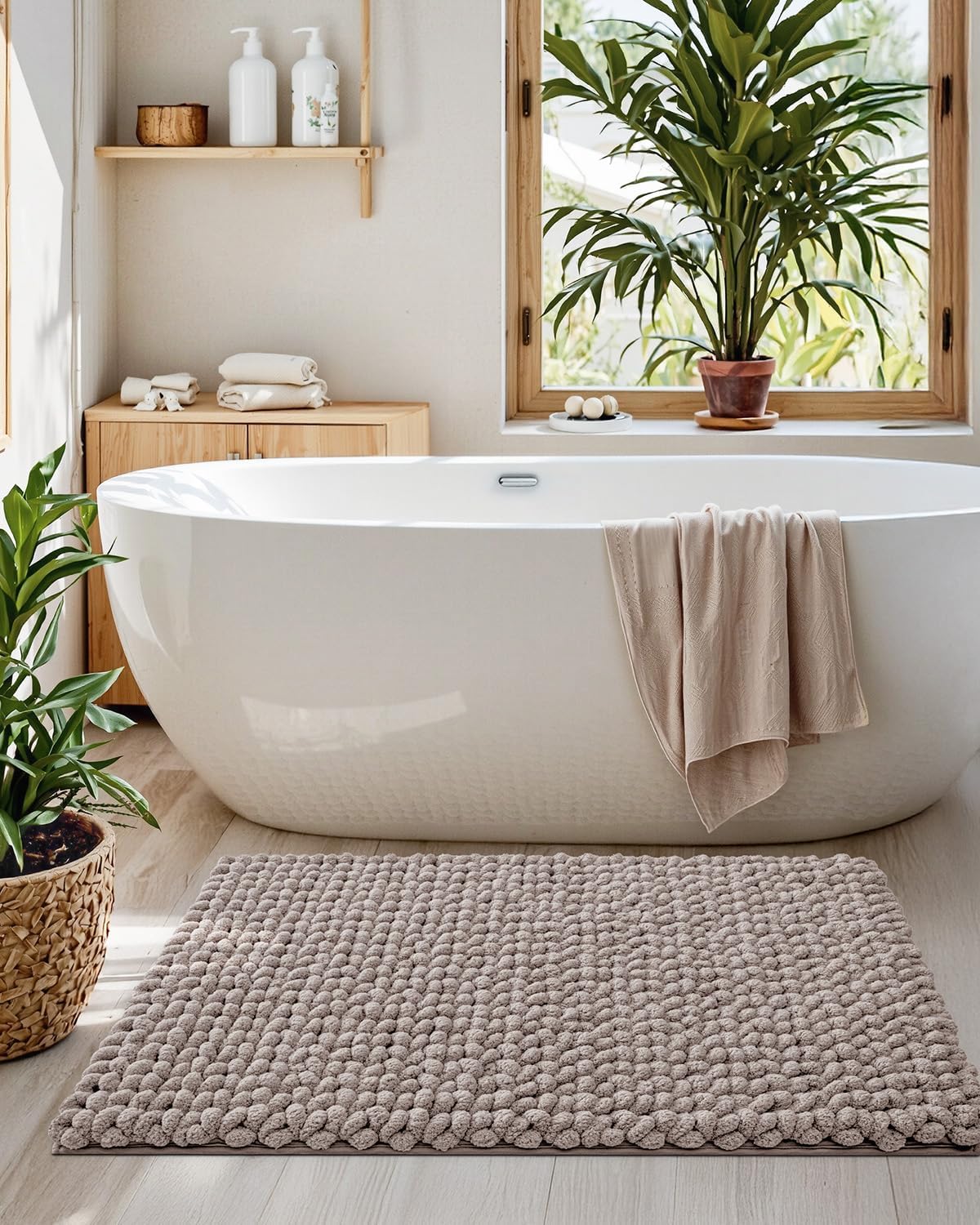 LUMI Luxury Bathroom Rug, Ultra Soft Quick Dry, Non-Slip Absorbent Thick Chenille, Cozy Braid Design, Beige, for Bathtub/Sink/Laundry/Bedroom