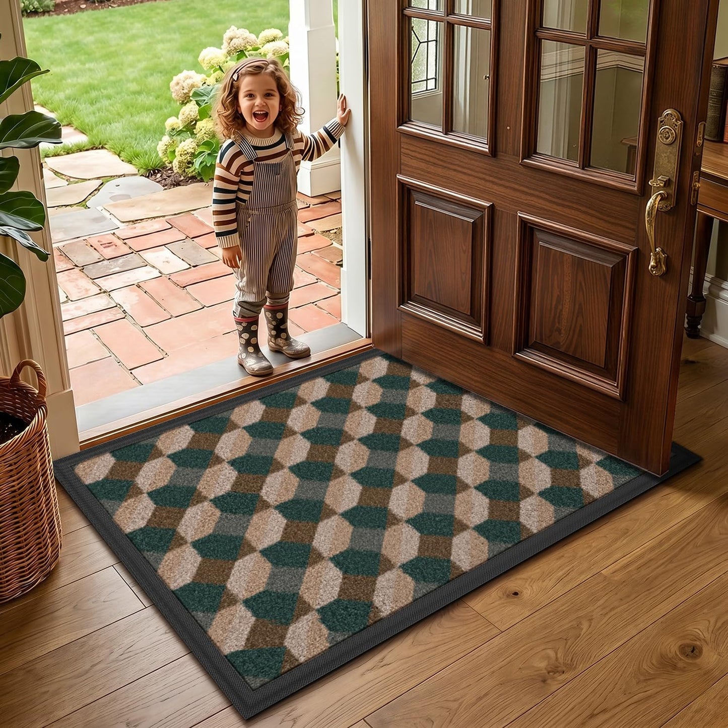 LUMI Front Door Mat 17x30, Low-Profile Non-Slip Welcome Mat for Indoor Outdoor, Stain & Fade Resistant Geometric Door Mat for Entryway Patio Porch, Geo-Navy