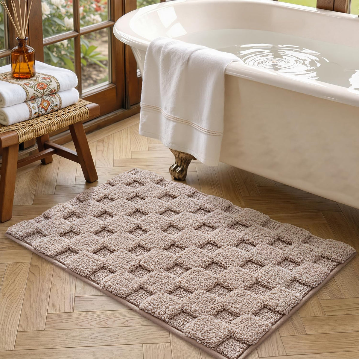 LUMI Non Slip Checkered Bathroom Rugs, Absorbent Waffle Mat, Beige, 16x24