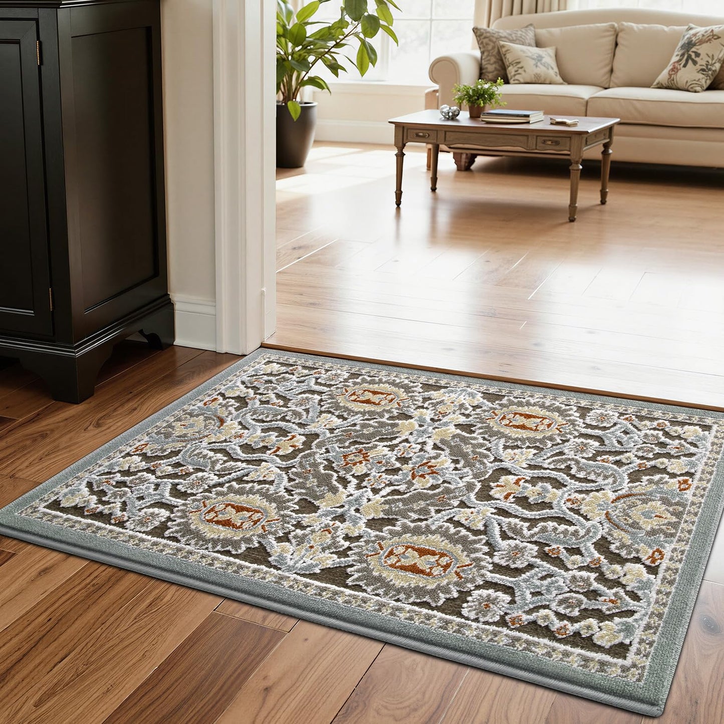 LUMI Indoor Door Mat for Entrance 17x30, Luxury Front Doormat with Non-Slip Latex Rubber Backing, Soft Washable Dirt Trapper, Flower Bliss (Folded Package)