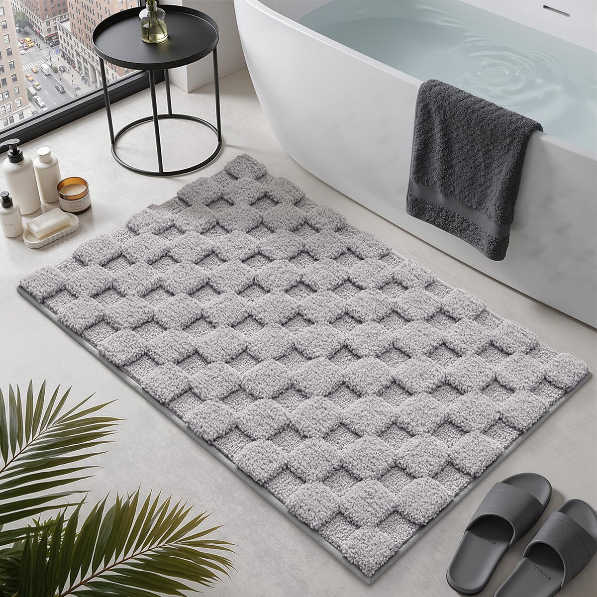 LUMI Non Slip Checkered Bathroom Rugs, Absorbent Waffle Mat, Beige, 16x24