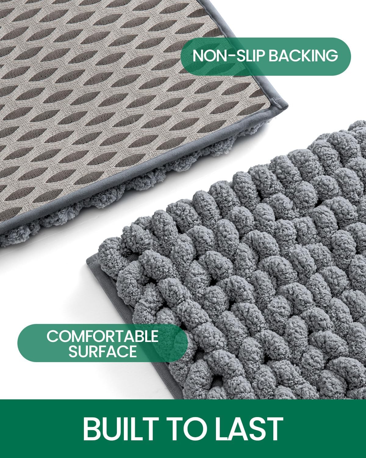LUMI Luxury Bathroom Rug, Ultra Soft Quick Dry, Non-Slip Absorbent Thick Chenille, Cozy Braid Design, Grey, for Bathtub/Sink/Laundry/Bedroom