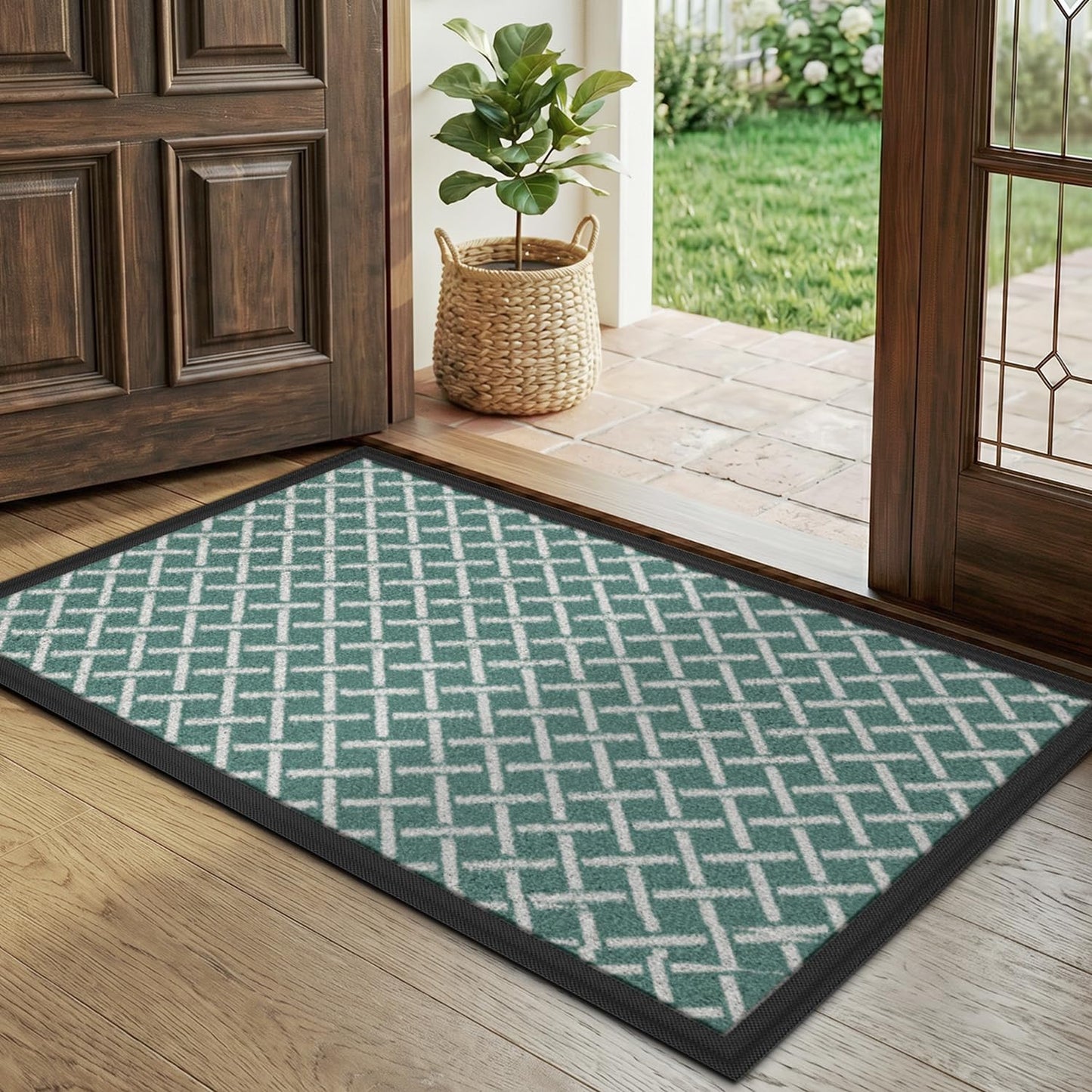 LUMI Front Door Mat 17x30, Low-Profile Non-Slip Welcome Mat for Indoor Outdoor, Stain & Fade Resistant Geometric Door Mat for Entryway Patio Porch, Geo-Navy