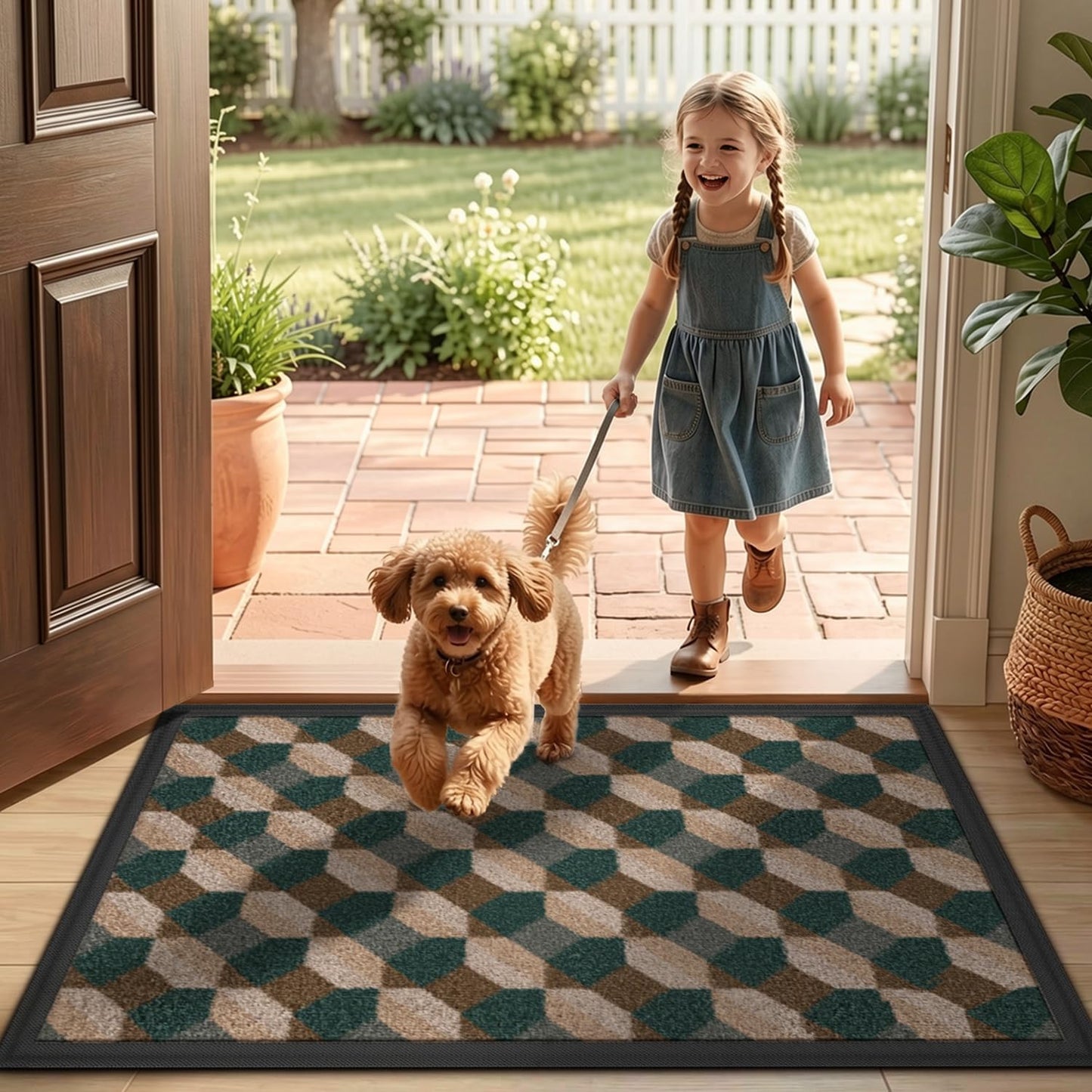 LUMI Front Door Mat 17x30, Low-Profile Non-Slip Welcome Mat for Indoor Outdoor, Stain & Fade Resistant Geometric Door Mat for Entryway Patio Porch, Geo-Navy