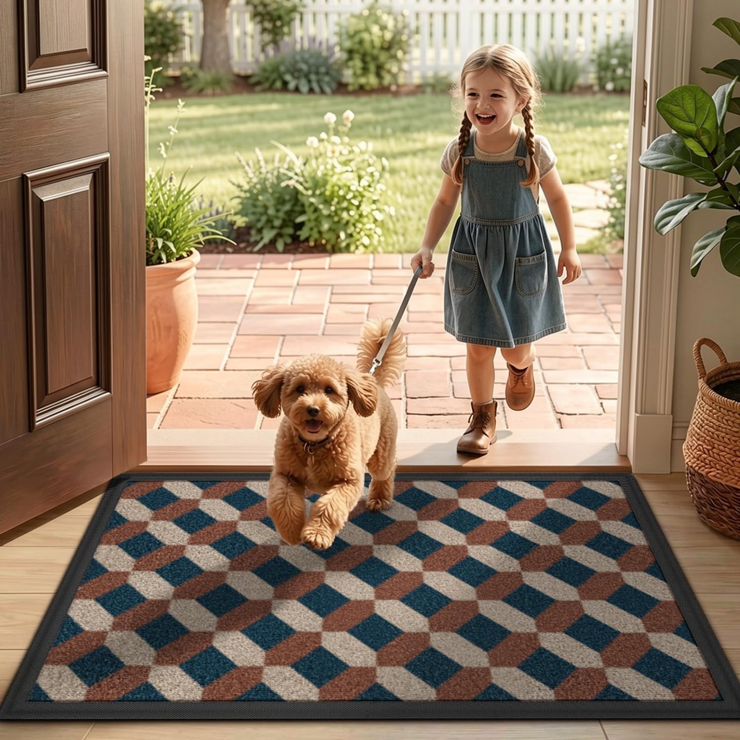 LUMI Front Door Mat 17x30, Low-Profile Non-Slip Welcome Mat for Indoor Outdoor, Stain & Fade Resistant Geometric Door Mat for Entryway Patio Porch, Geo-Navy