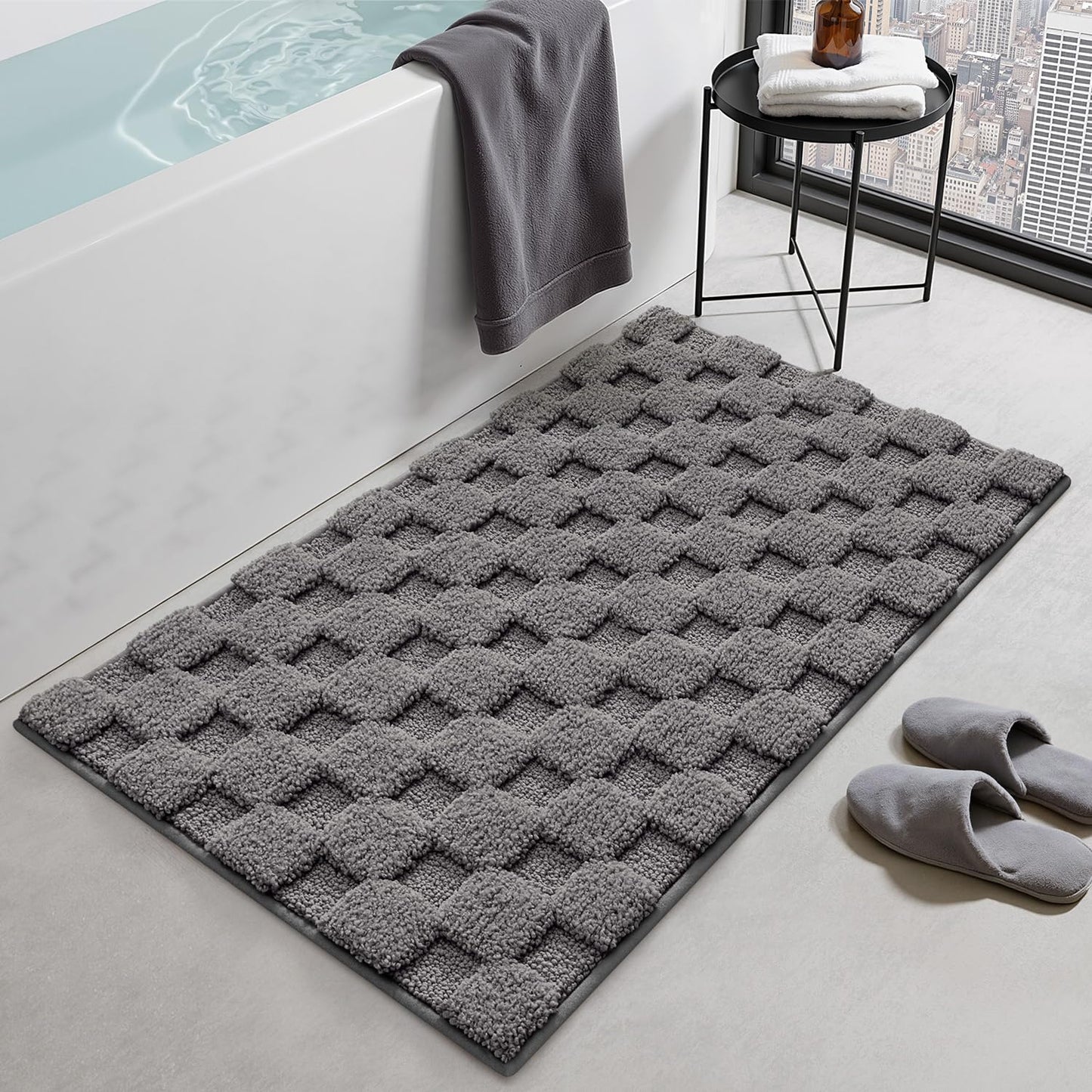 LUMI Non Slip Checkered Bathroom Rugs, Absorbent Waffle Mat, Beige, 16x24
