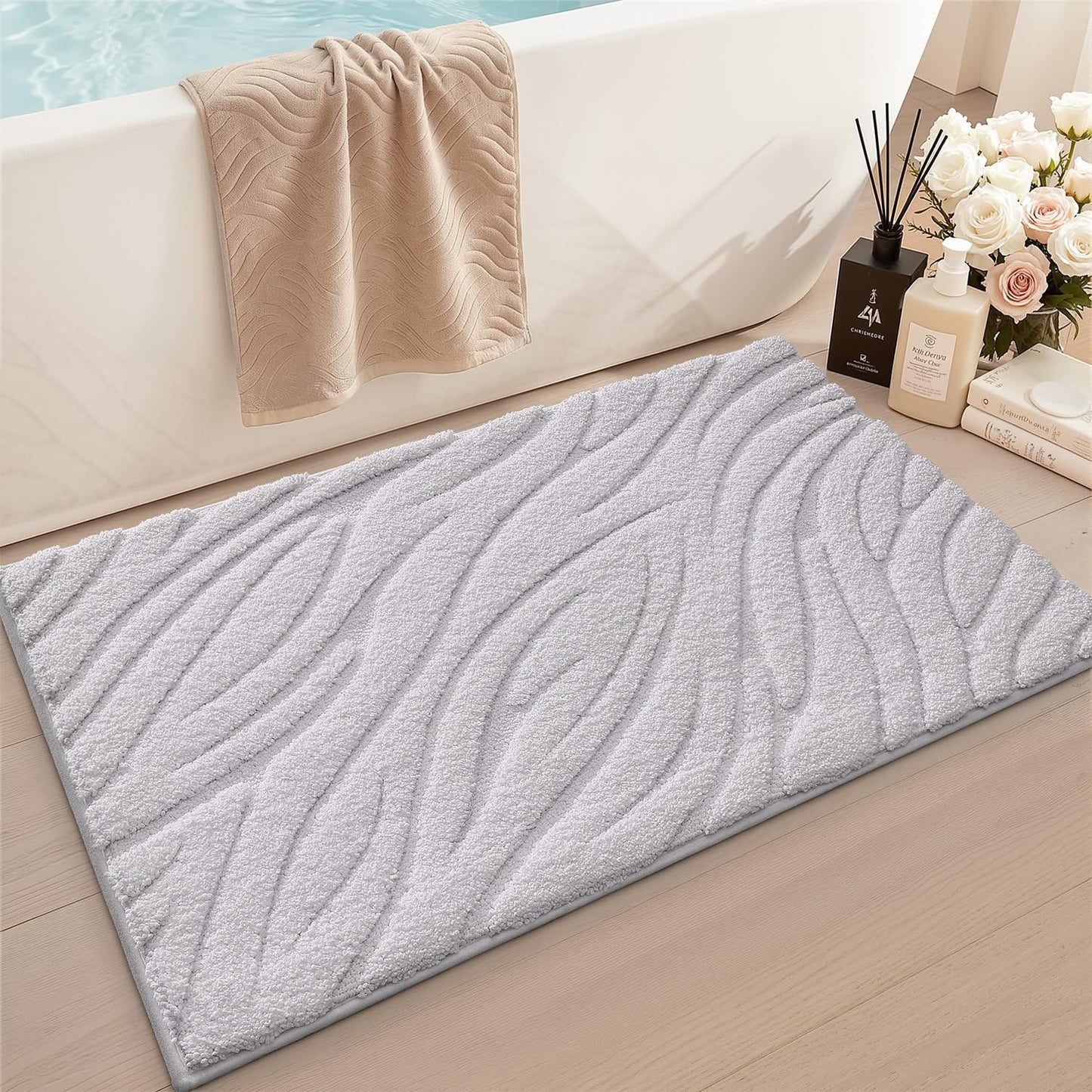 LUMI Bathroom Rug, Soft Absorbent Non Slip Bath Mat, Quick Dry Bath Mats, Machine Washable Microfiber Carpet for Modern Shower Room, Bathtub, Minimalist Bathmat, 36"x24", White