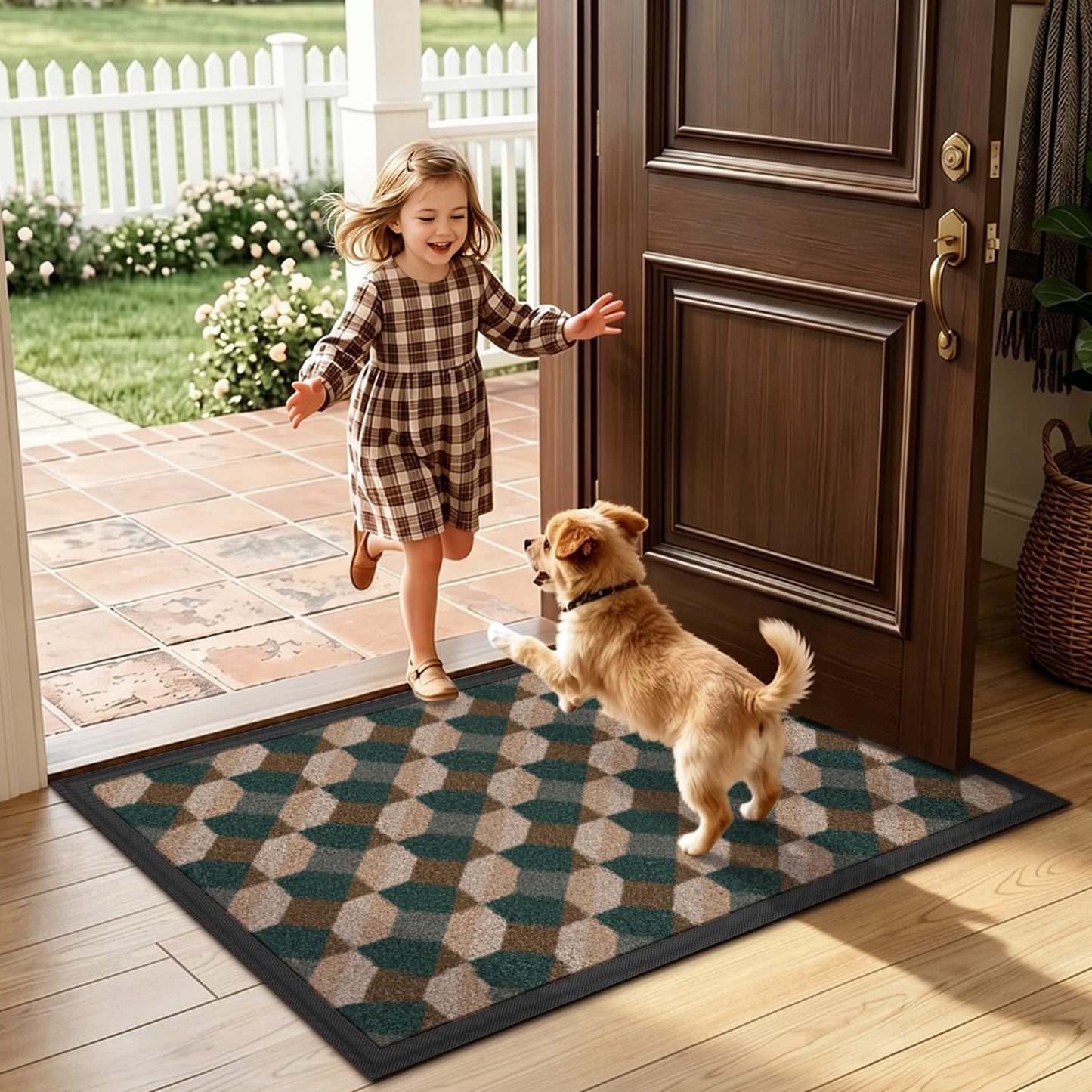 LUMI Front Door Mat 17x30, Low-Profile Non-Slip Welcome Mat for Indoor Outdoor, Stain & Fade Resistant Geometric Door Mat for Entryway Patio Porch, Geo-Navy