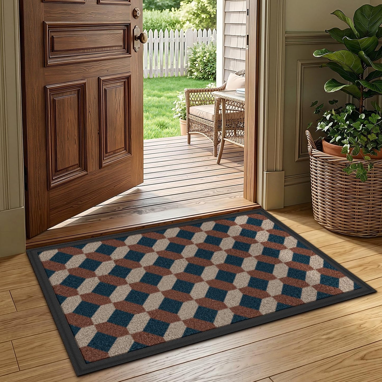 LUMI Front Door Mat 17x30, Low-Profile Non-Slip Welcome Mat for Indoor Outdoor, Stain & Fade Resistant Geometric Door Mat for Entryway Patio Porch, Geo-Navy