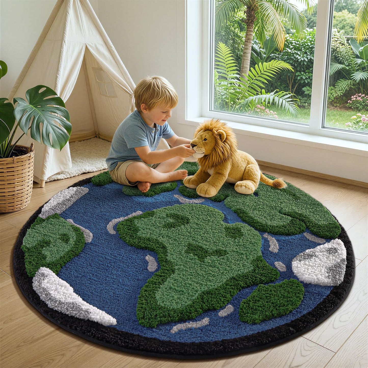 LUMI Round High Pile Earth Globe Bathroom Rug