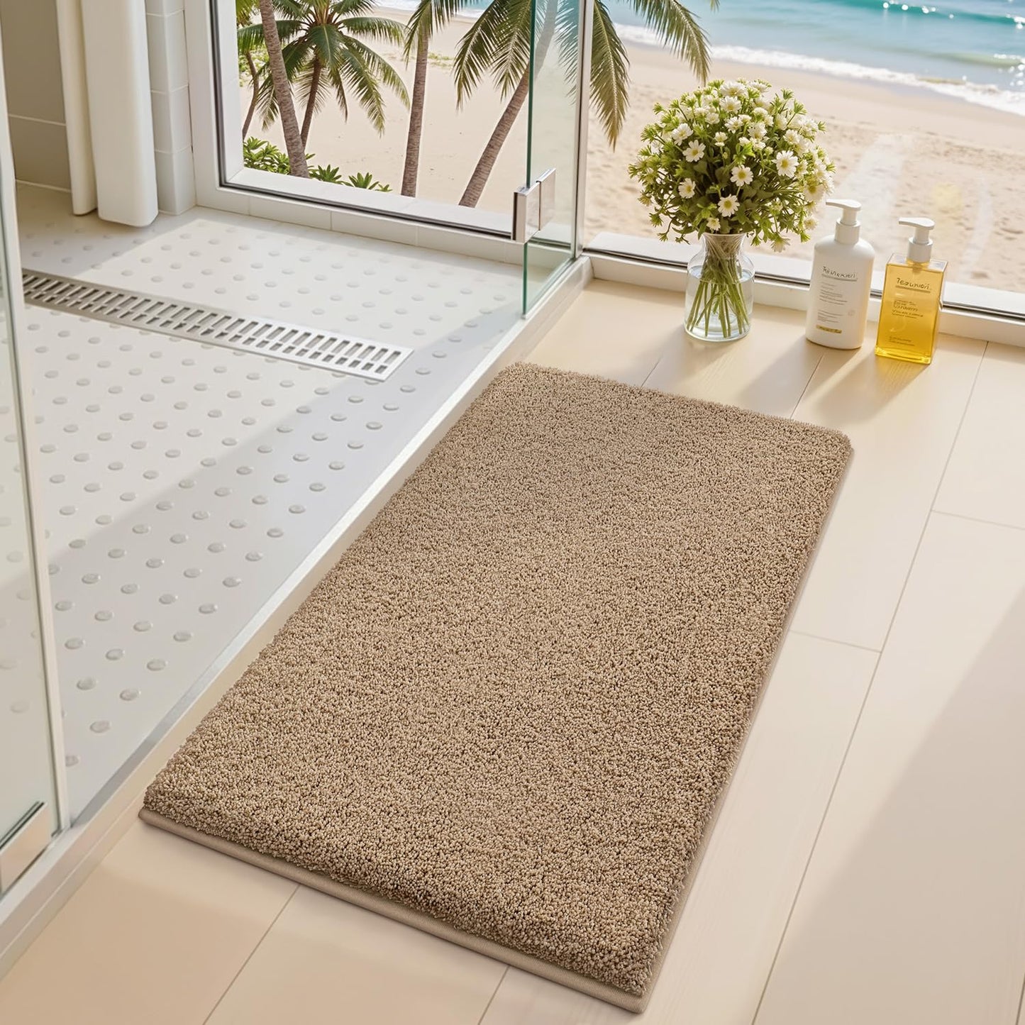 LUMI Beige Bathroom Rugs with Rubber Backing, 16x24 Absorbent Extra Thick Soft Plush Microfiber Bath Mat, Machine Washable Carpet for Bathroom Shower, Tub, Sink, Hotel