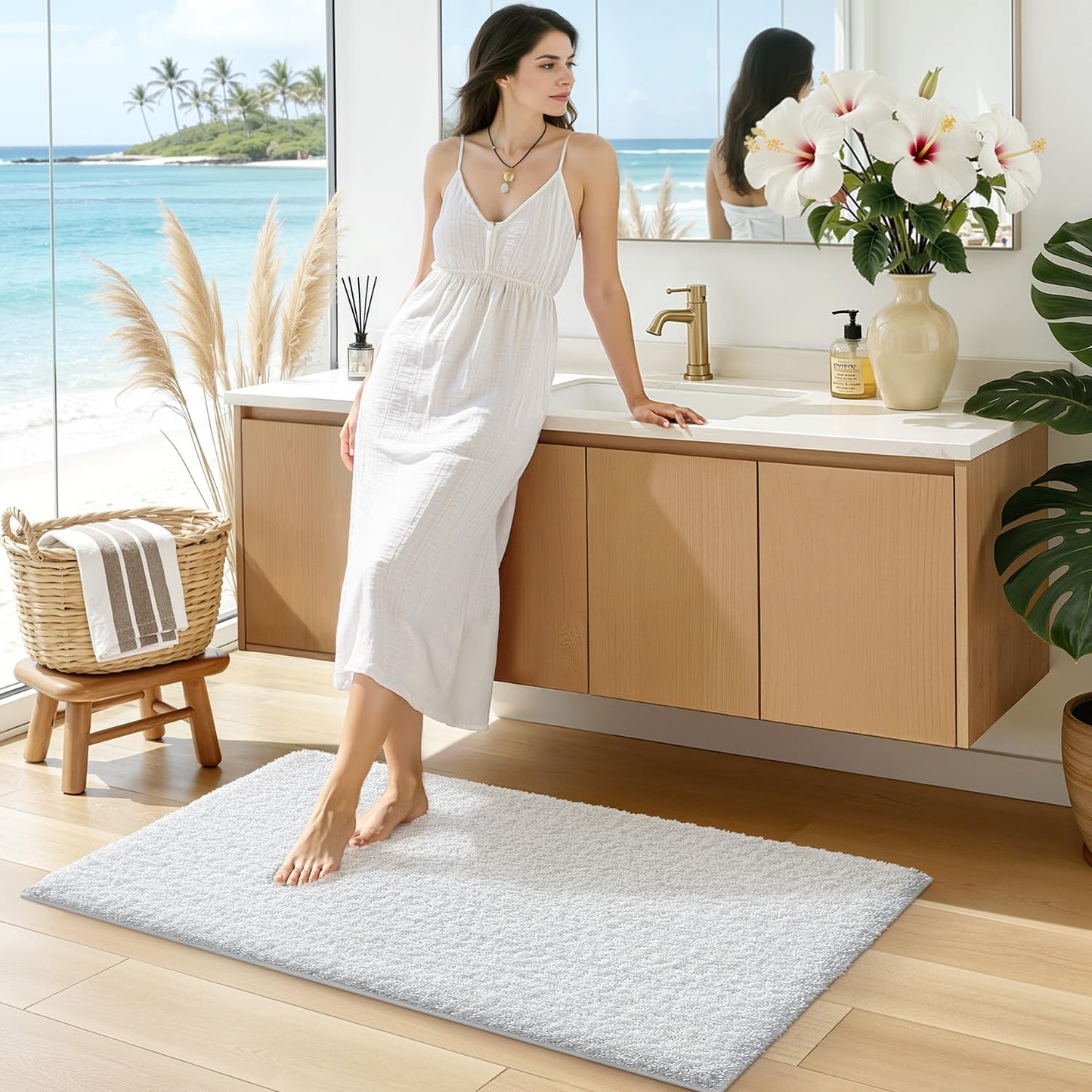 LUMI Beige Bathroom Rugs with Rubber Backing, 16x24 Absorbent Extra Thick Soft Plush Microfiber Bath Mat, Machine Washable Carpet for Bathroom Shower, Tub, Sink, Hotel