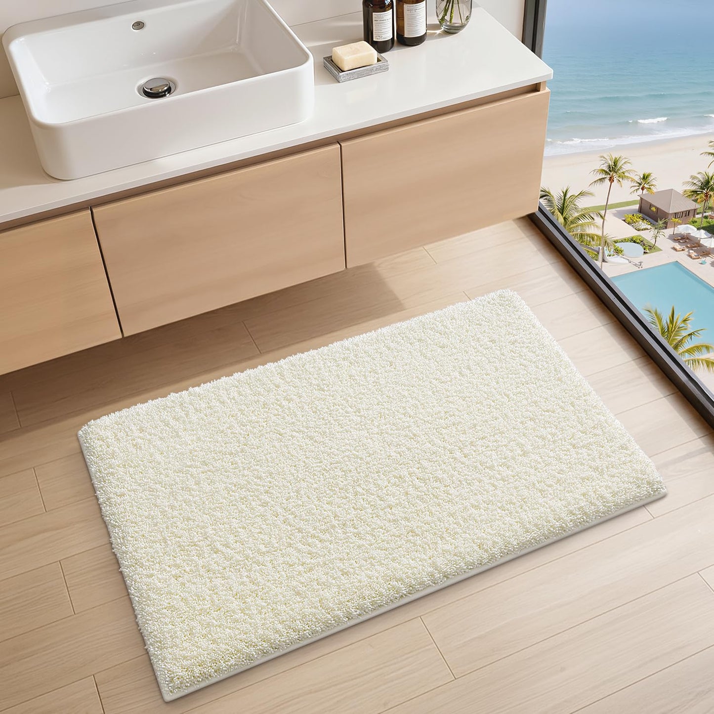 LUMI Beige Bathroom Rugs with Rubber Backing, 16x24 Absorbent Extra Thick Soft Plush Microfiber Bath Mat, Machine Washable Carpet for Bathroom Shower, Tub, Sink, Hotel
