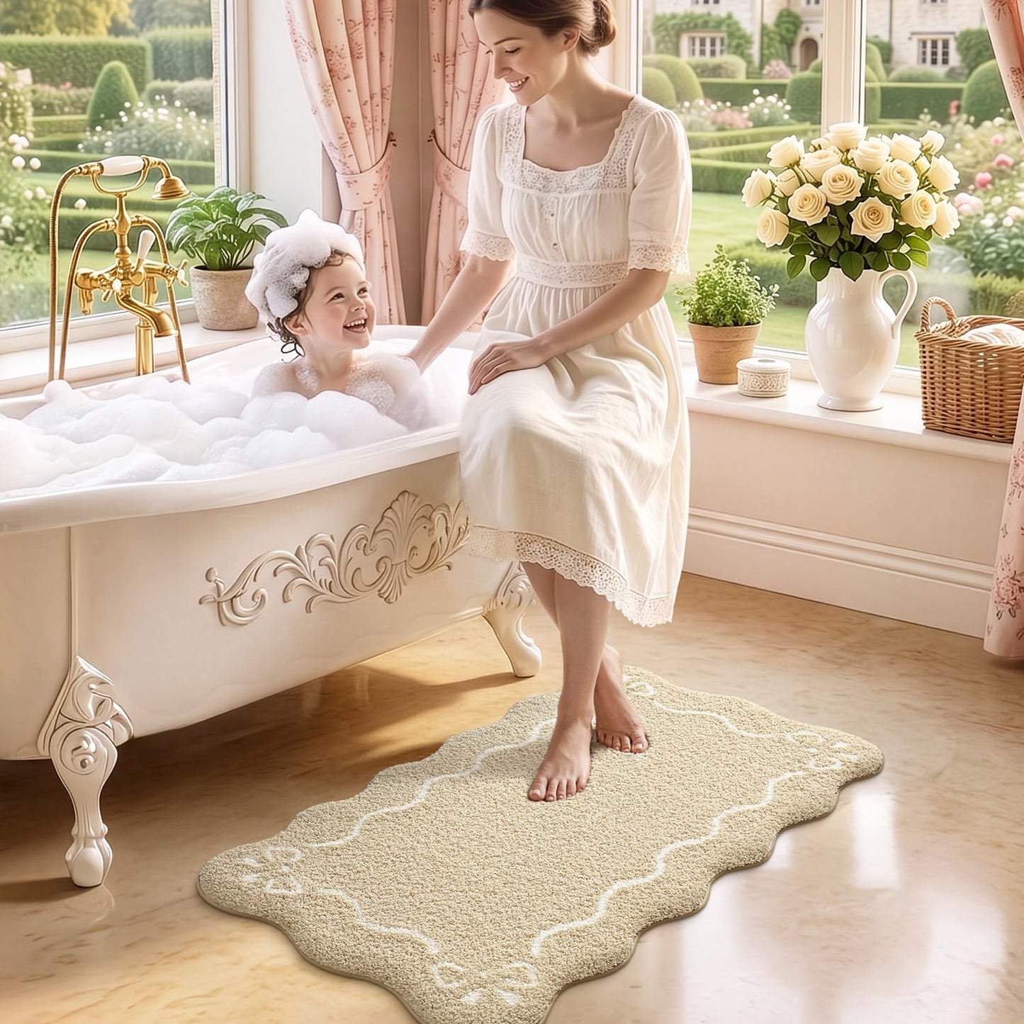 LUMI Scalloped Bathroom Rug, Cute Plush Microfiber Bath Mat, Super Absorbent & Quick Dry Shower Mat, Machine Washable Floor Carpet for Tub