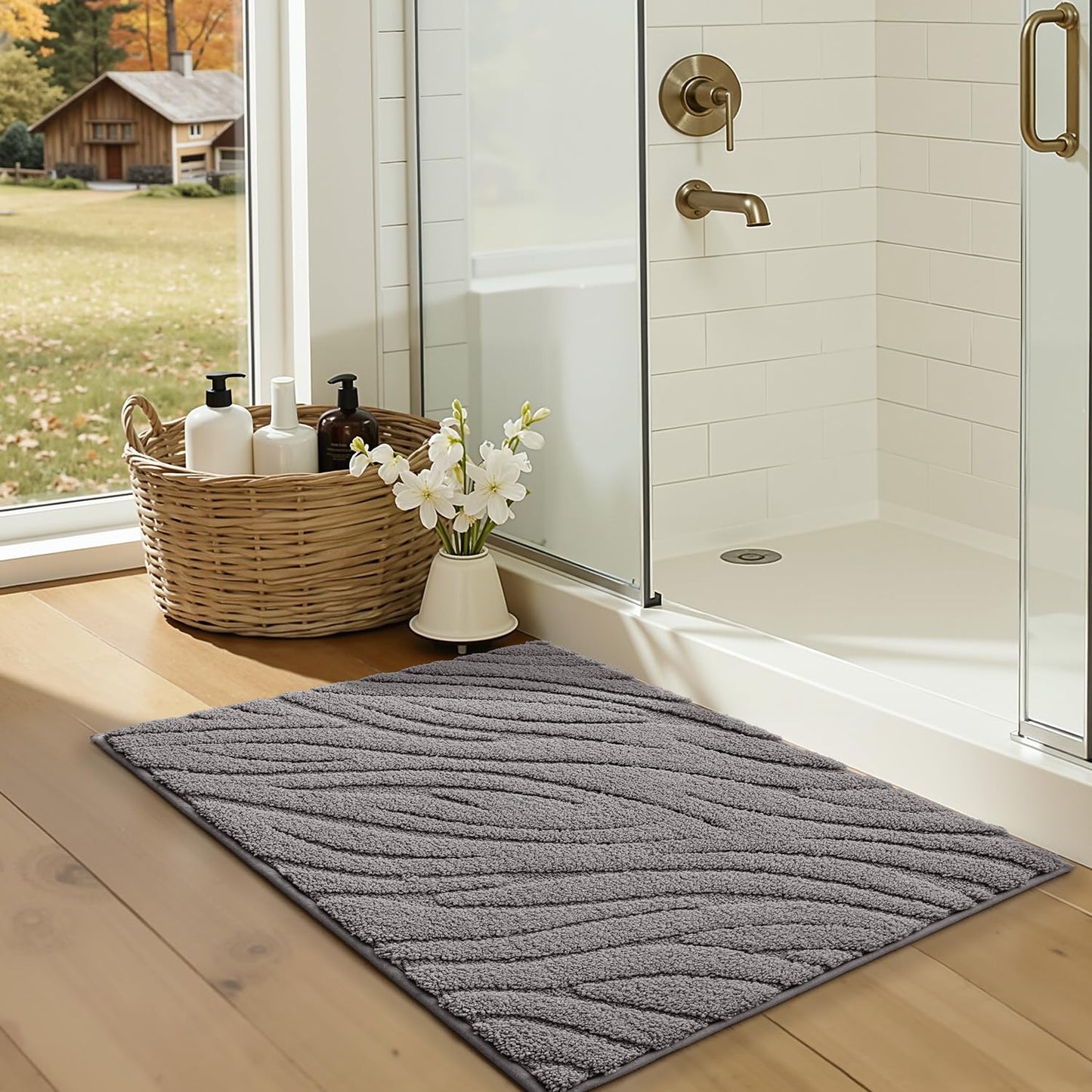 LUMI Bathroom Rug, Soft Absorbent Non Slip Bath Mat, Quick Dry Bath Mats, Machine Washable Microfiber Carpet for Modern Shower Room, Bathtub, Minimalist Bathmat, 36"x24", White
