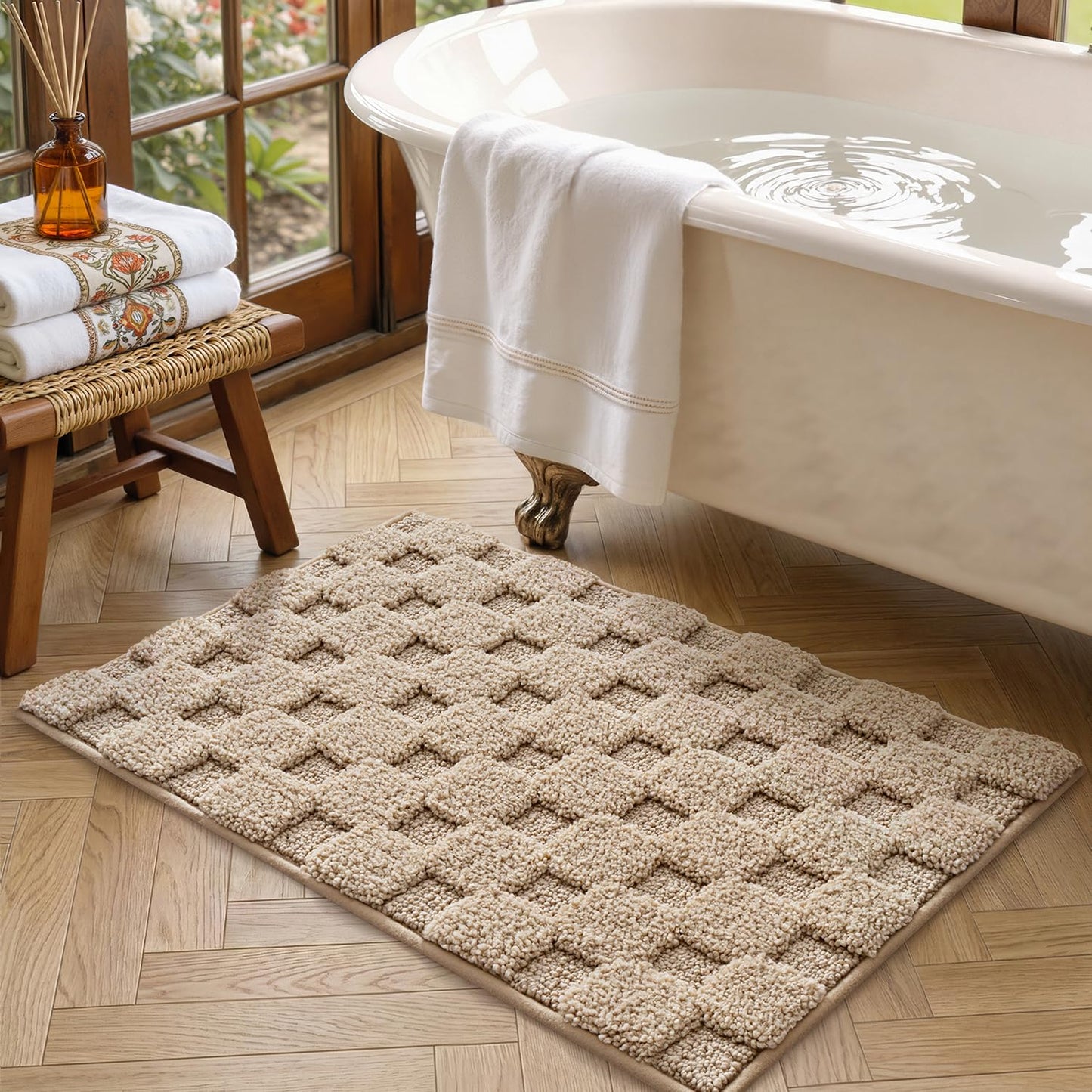 LUMI Non Slip Checkered Bathroom Rugs, Absorbent Waffle Mat, Beige, 16x24