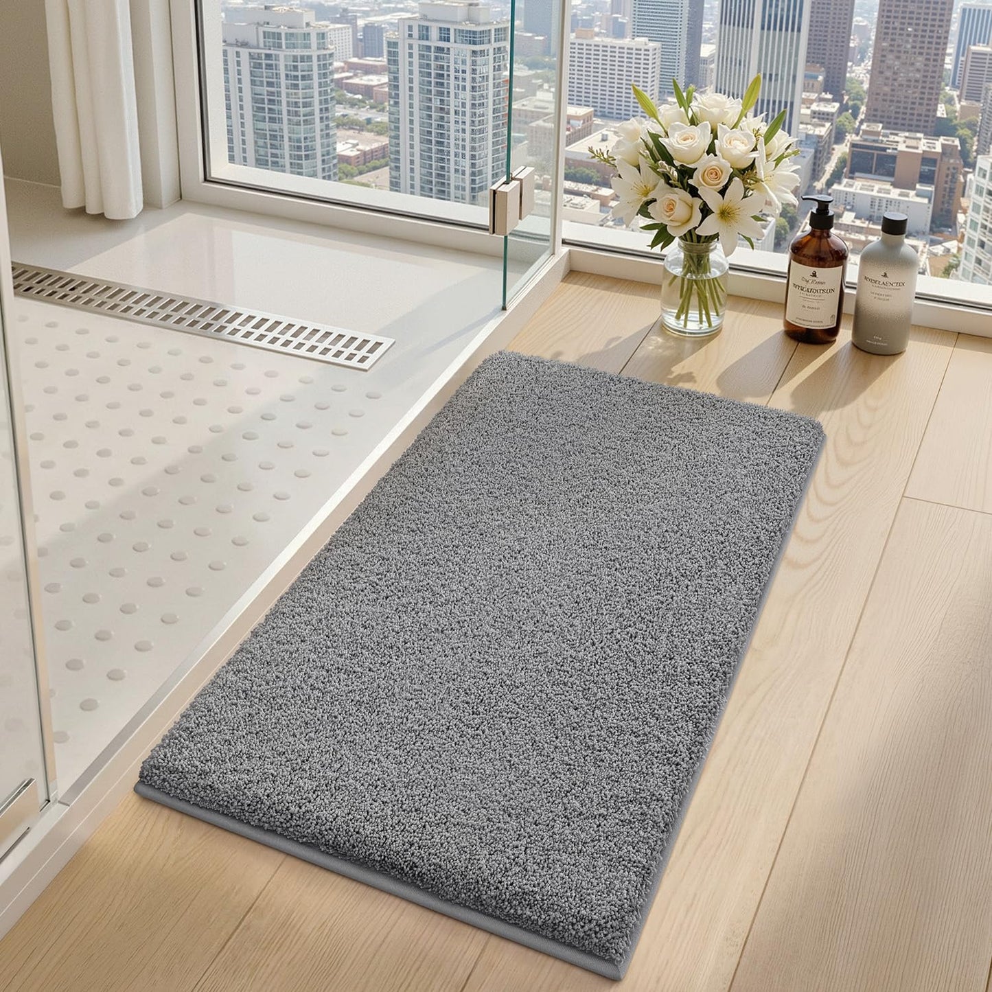 LUMI Beige Bathroom Rugs with Rubber Backing, 16x24 Absorbent Extra Thick Soft Plush Microfiber Bath Mat, Machine Washable Carpet for Bathroom Shower, Tub, Sink, Hotel