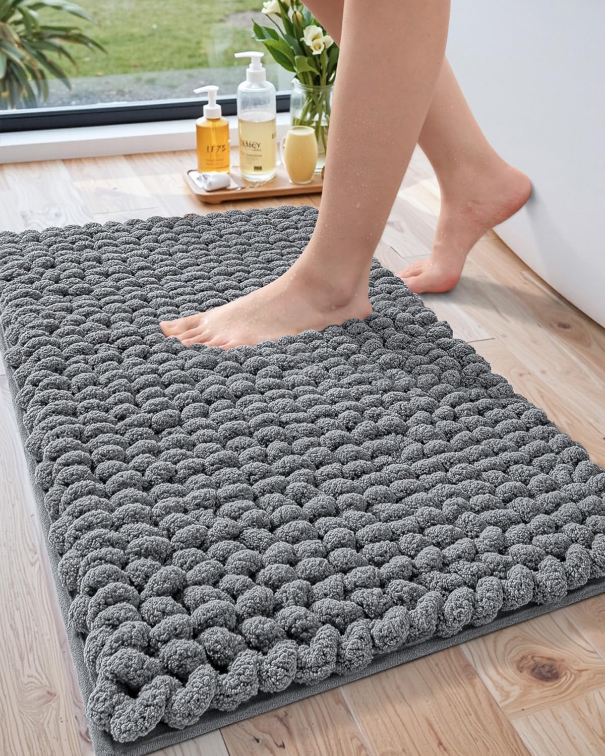 LUMI Luxury Bathroom Rug, Ultra Soft Quick Dry, Non-Slip Absorbent Thick Chenille, Cozy Braid Design, Grey, for Bathtub/Sink/Laundry/Bedroom