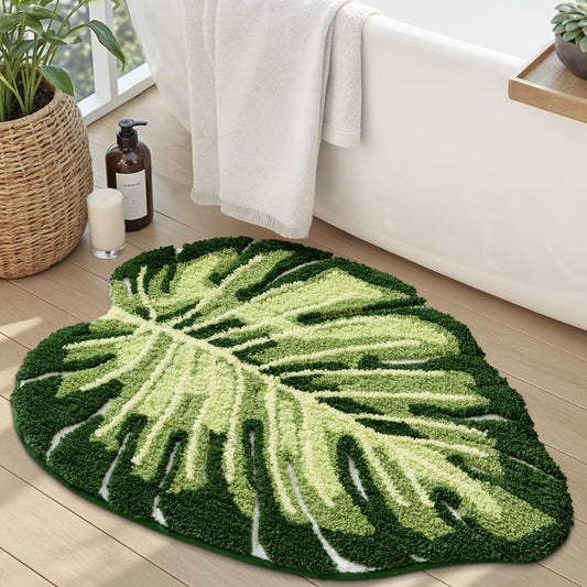 LUMI Cute Bathroom Rugs with Green Leaf Plant, Soft, Fluffy, Plush, Absorbent, Quick Dry, Non Slip, Machine Washable for Shower Floor, Bathroom, Bedroom,Kids Room, 23.5"x31.5", Monstera