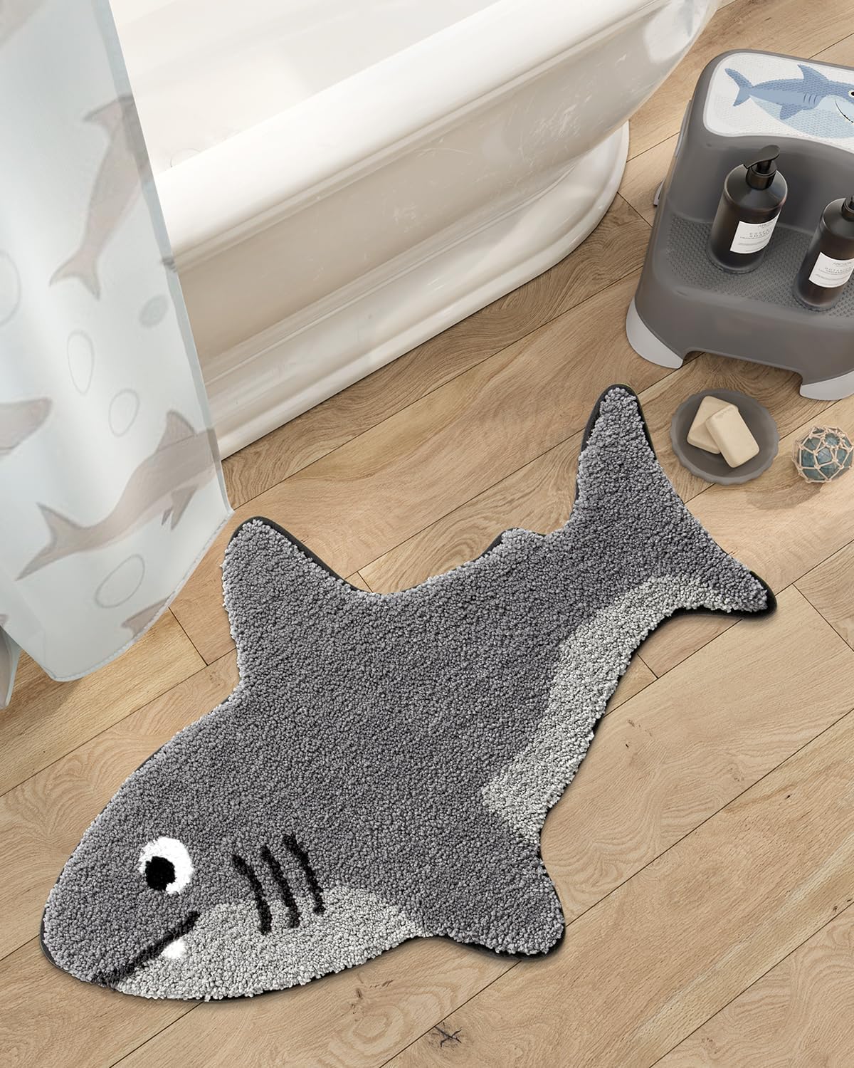 LUMI Cute Animal Bathroom Rugs, Shark Shaped Absorbent Bath Mat, Non-Slip Backing Washable Bath Mats, Ideal for Shower Sink Bathtub Room Decor, 20"x32", Shark