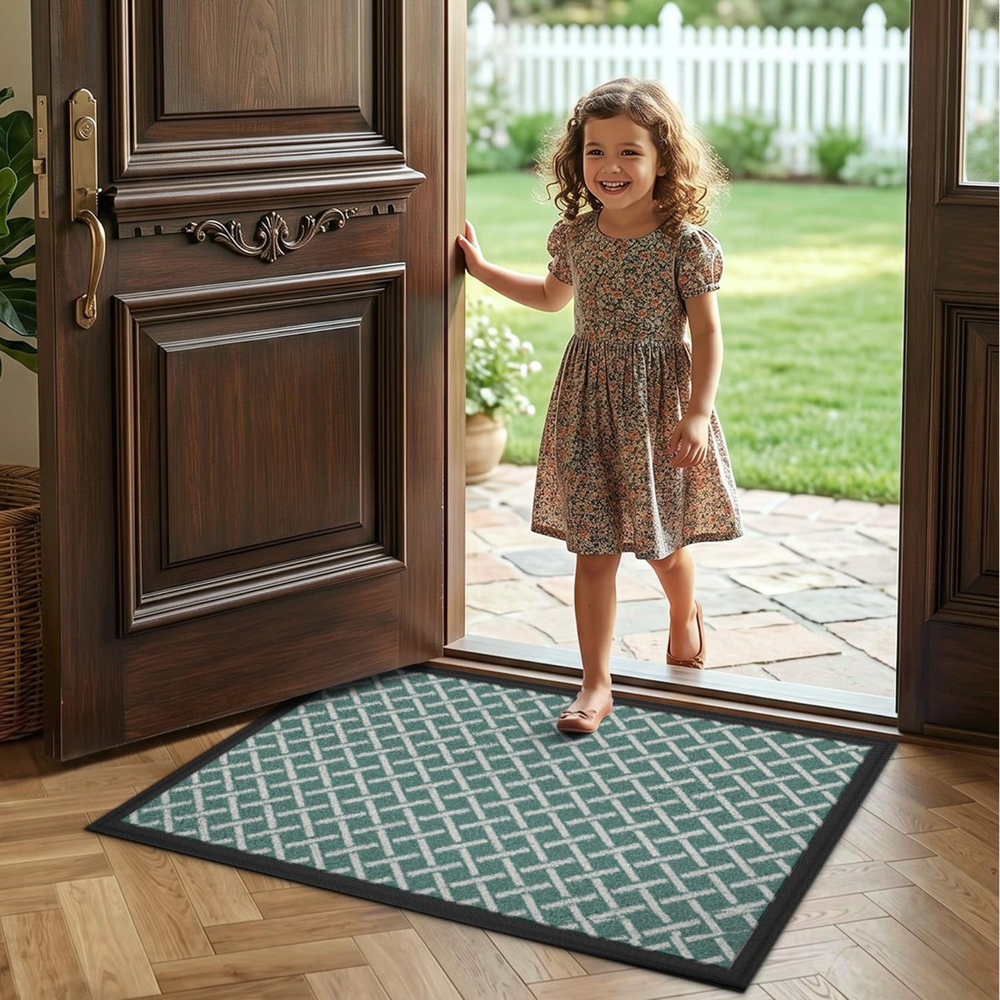 LUMI Front Door Mat 17x30, Low-Profile Non-Slip Welcome Mat for Indoor Outdoor, Stain & Fade Resistant Geometric Door Mat for Entryway Patio Porch, Geo-Navy