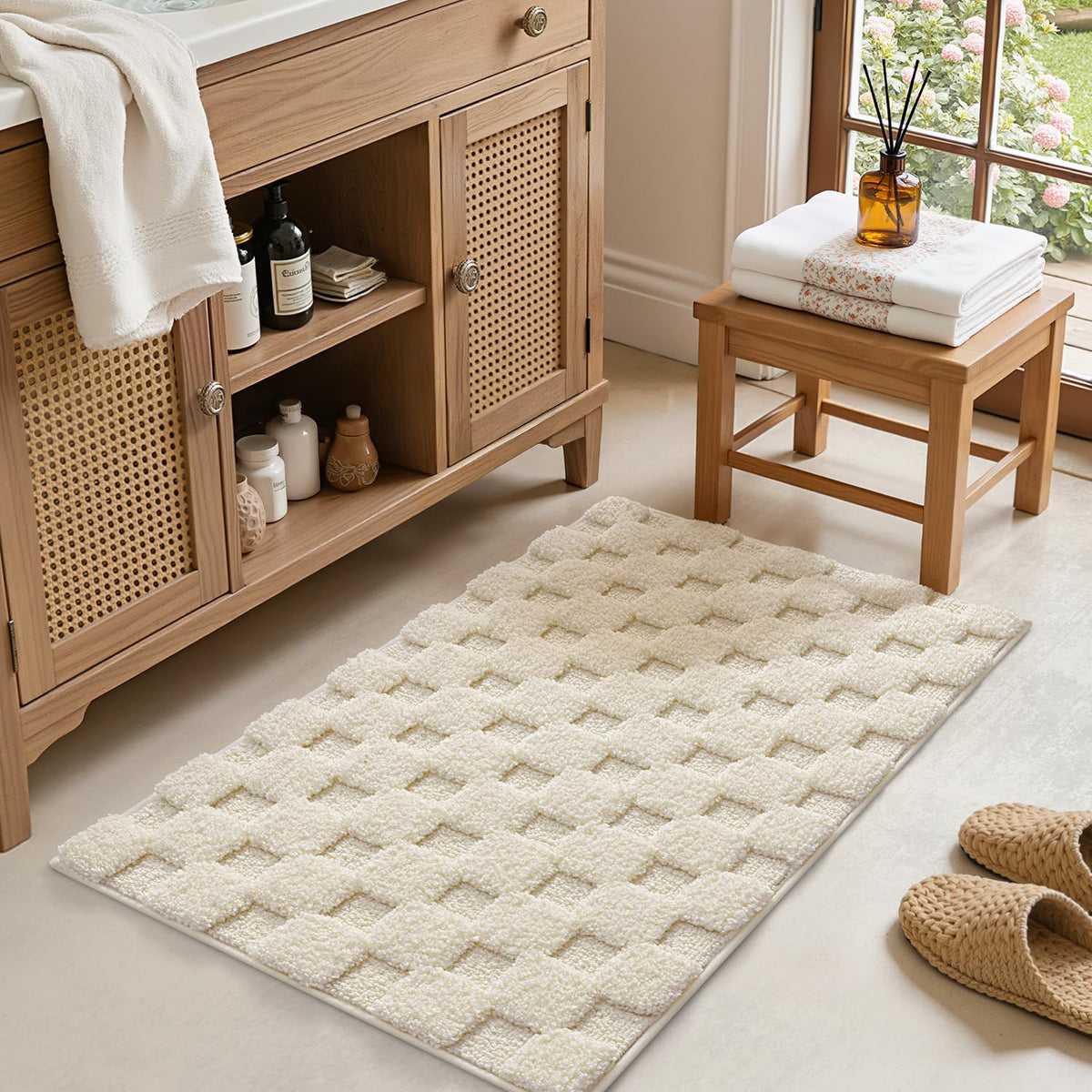 LUMI Non Slip Checkered Bathroom Rugs, Absorbent Waffle Mat, Beige, 16x24