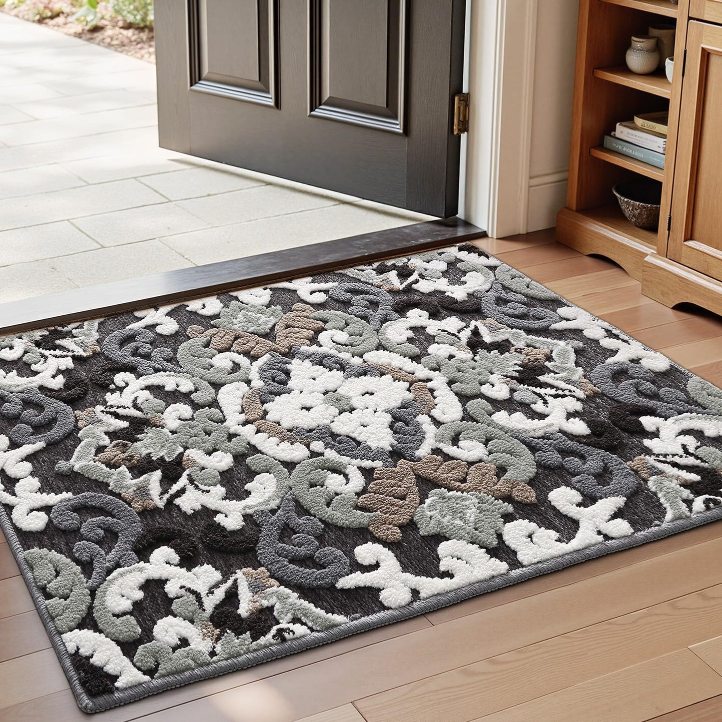 LUMI Indoor Door Mat for Entrance 17x30, Luxury Front Doormat with Non-Slip Latex Rubber Backing, Soft Washable Dirt Trapper, Flower Bliss (Folded Package)