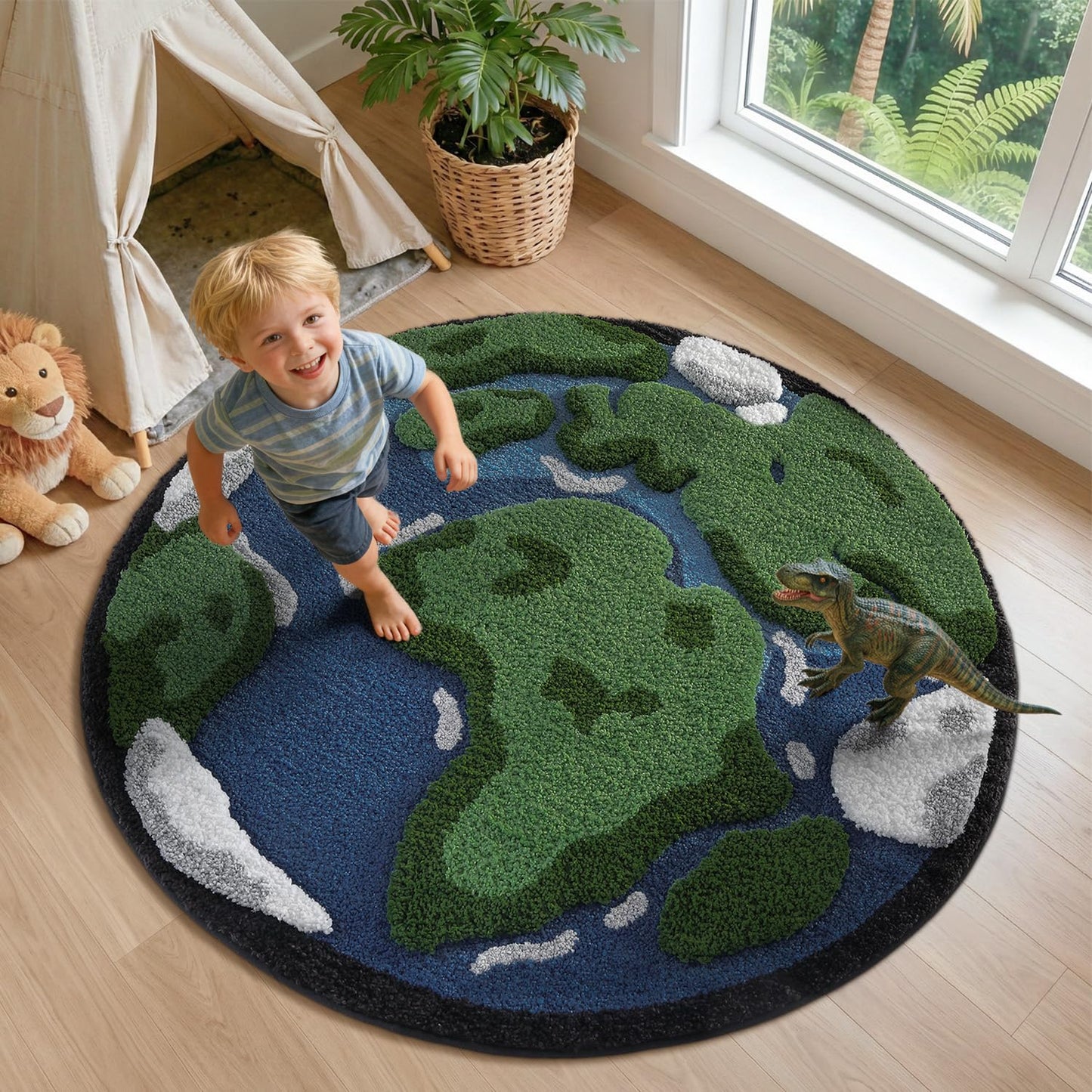 LUMI Round High Pile Earth Globe Bathroom Rug