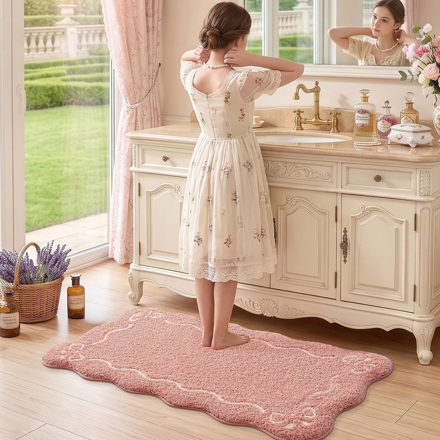 LUMI Scalloped Bathroom Rug, Cute Plush Microfiber Bath Mat, Super Absorbent & Quick Dry Shower Mat, Machine Washable Floor Carpet for Tub