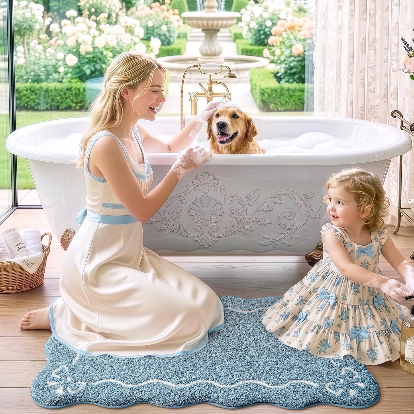 LUMI Scalloped Bathroom Rug, Cute Plush Microfiber Bath Mat, Super Absorbent & Quick Dry Shower Mat, Machine Washable Floor Carpet for Tub