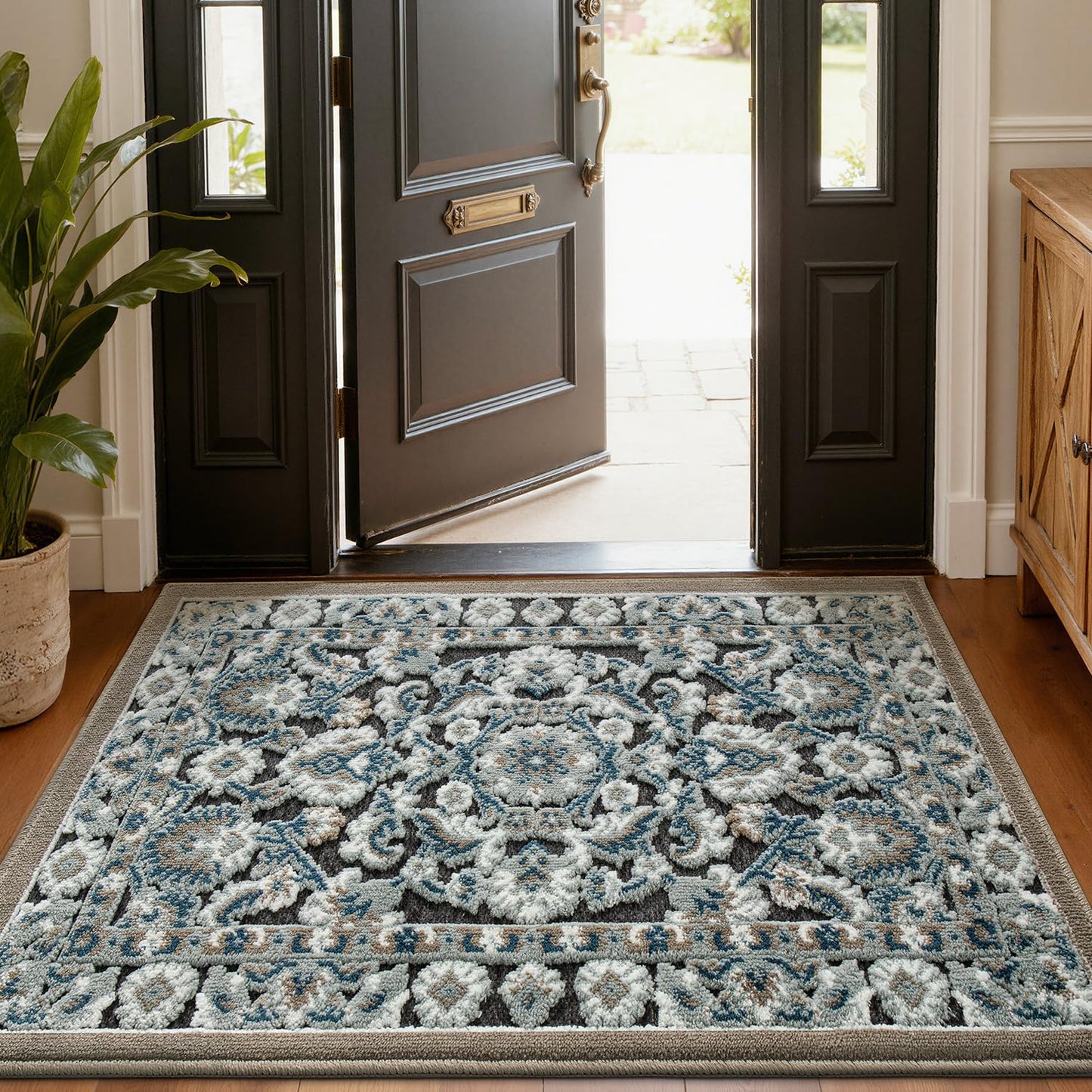 LUMI Indoor Door Mat for Entrance 17x30, Luxury Front Doormat with Non-Slip Latex Rubber Backing, Soft Washable Dirt Trapper, Flower Bliss (Folded Package)