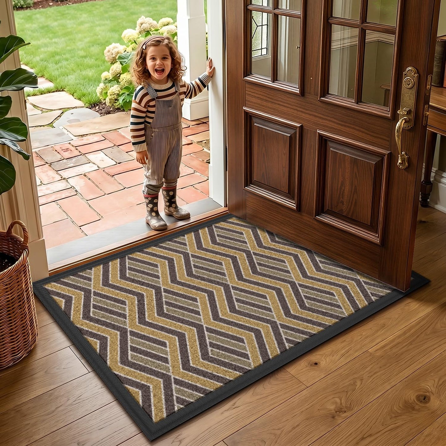 LUMI Front Door Mat 17x30, Low-Profile Non-Slip Welcome Mat for Indoor Outdoor, Stain & Fade Resistant Geometric Door Mat for Entryway Patio Porch, Geo-Navy