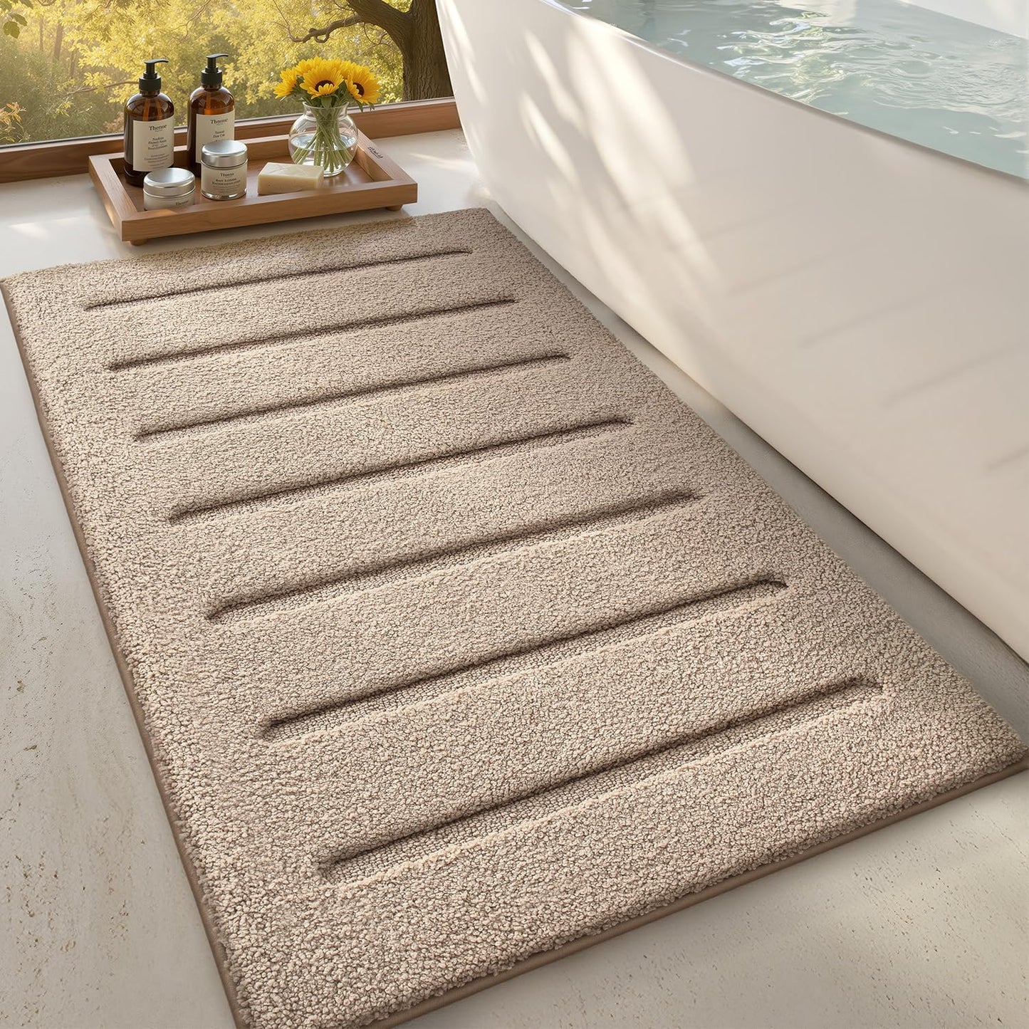 LUMI Non-Slip Skin-Friendly Bathroom Rugs, Hotel Quality Bath Mats for Bathroom, Washable Fluffy Shower Mat, Minimalist Luxury Striped Style,Ideal for Floor, Shower Tub, Entryway, 17"x30", Beige