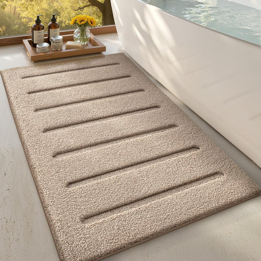LUMI Non-Slip Skin-Friendly Bathroom Rugs, Hotel Quality Bath Mats for Bathroom, Washable Fluffy Shower Mat, Minimalist Luxury Striped Style,Ideal for Floor, Shower Tub, Entryway, 17"x30", Beige