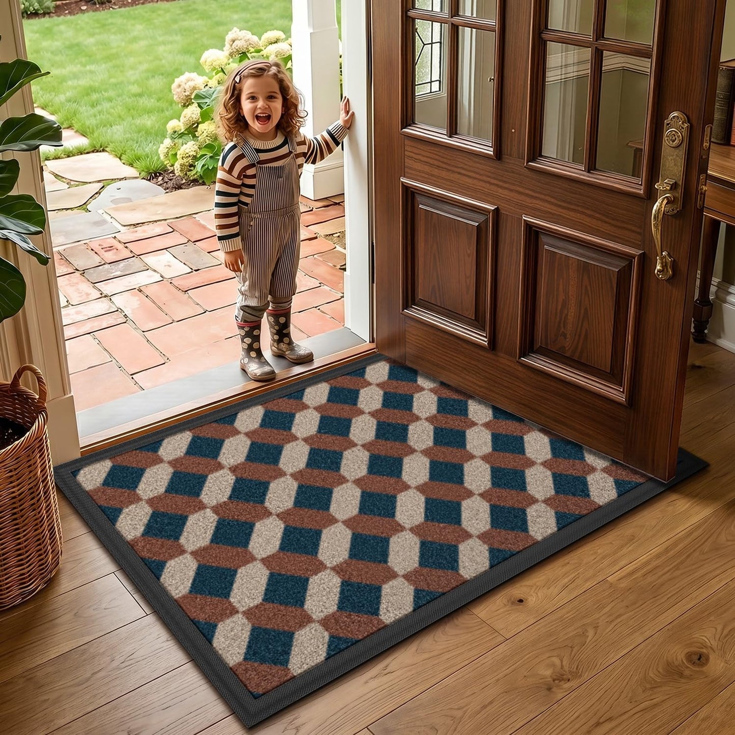 LUMI Front Door Mat 17x30, Low-Profile Non-Slip Welcome Mat for Indoor Outdoor, Stain & Fade Resistant Geometric Door Mat for Entryway Patio Porch, Geo-Navy