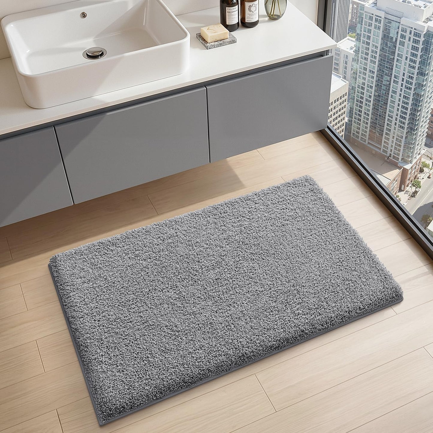 LUMI Beige Bathroom Rugs with Rubber Backing, 16x24 Absorbent Extra Thick Soft Plush Microfiber Bath Mat, Machine Washable Carpet for Bathroom Shower, Tub, Sink, Hotel