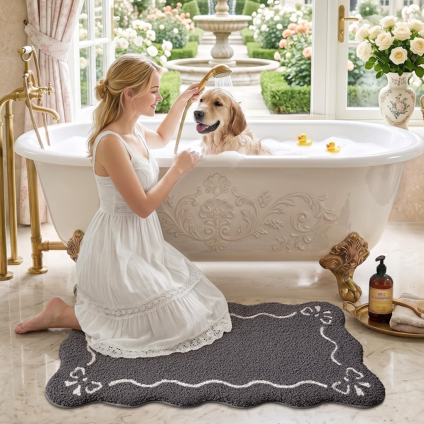 LUMI Scalloped Bathroom Rug, Cute Plush Microfiber Bath Mat, Super Absorbent & Quick Dry Shower Mat, Machine Washable Floor Carpet for Tub