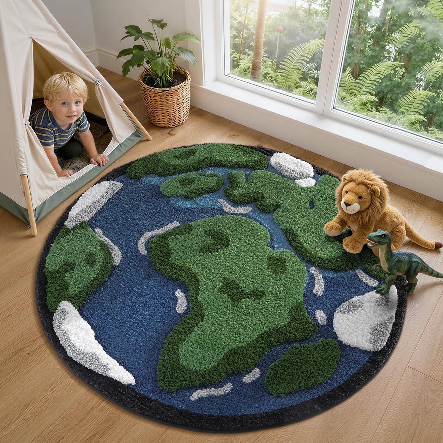 LUMI Round High Pile Earth Globe Bathroom Rug