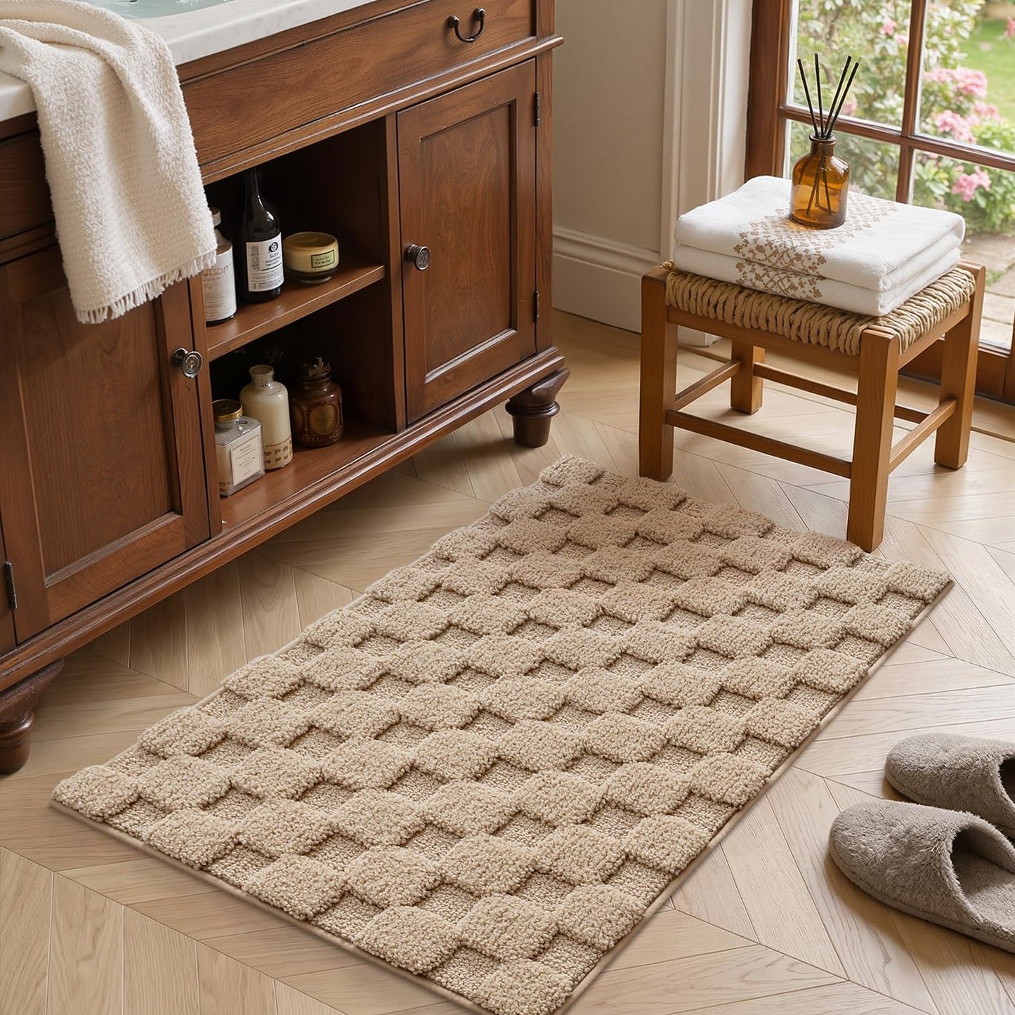 LUMI Non Slip Checkered Bathroom Rugs, Absorbent Waffle Mat, Beige, 16x24