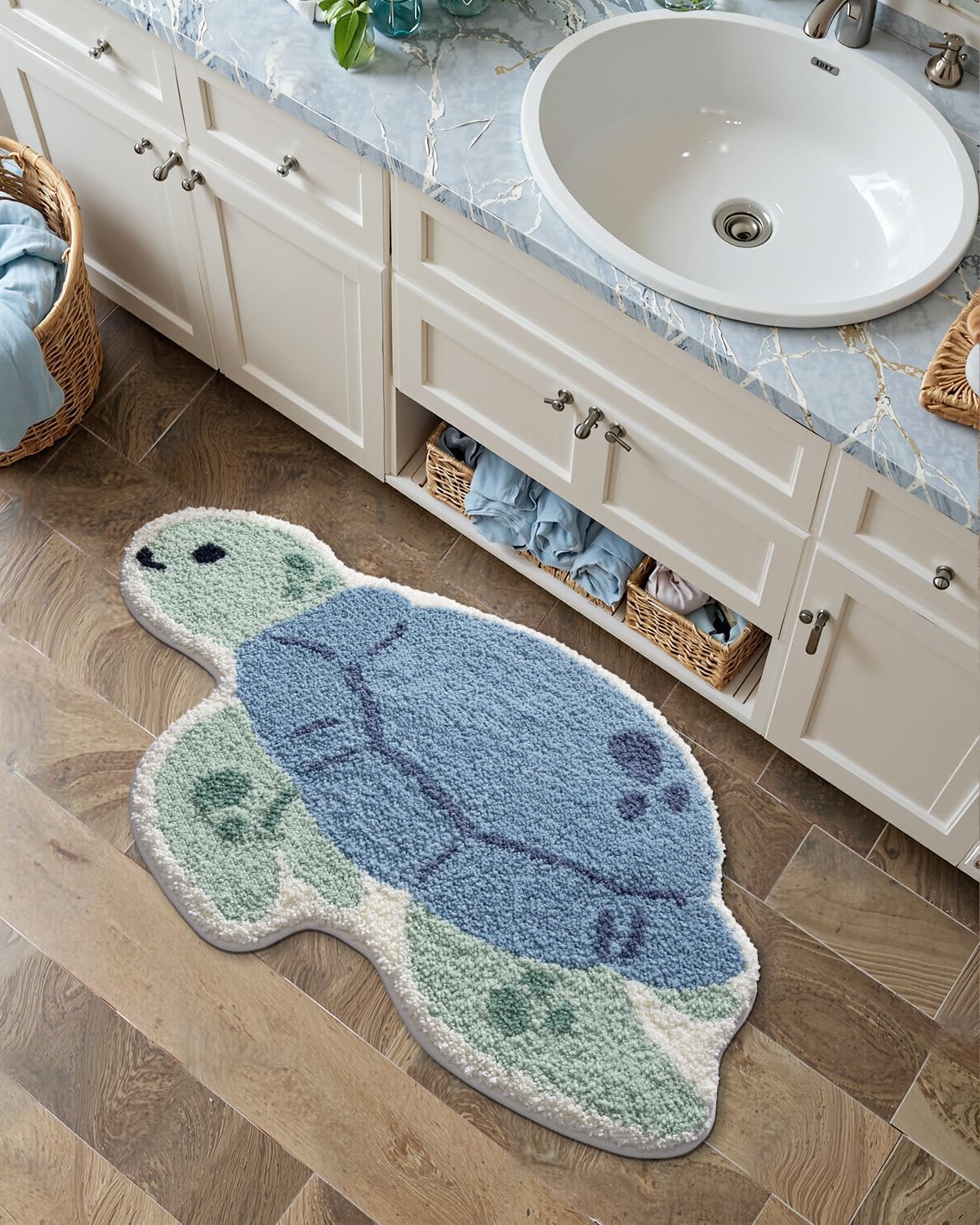 LUMI Cute Animal Bathroom Rugs, Plush Absorbent Bath Mats for Bathroom, Non-Slip Backing Washable Bath Mat, Ideal for Shower Sink Bathtub Room Decor, 20"x33", Blue Sea Turtle