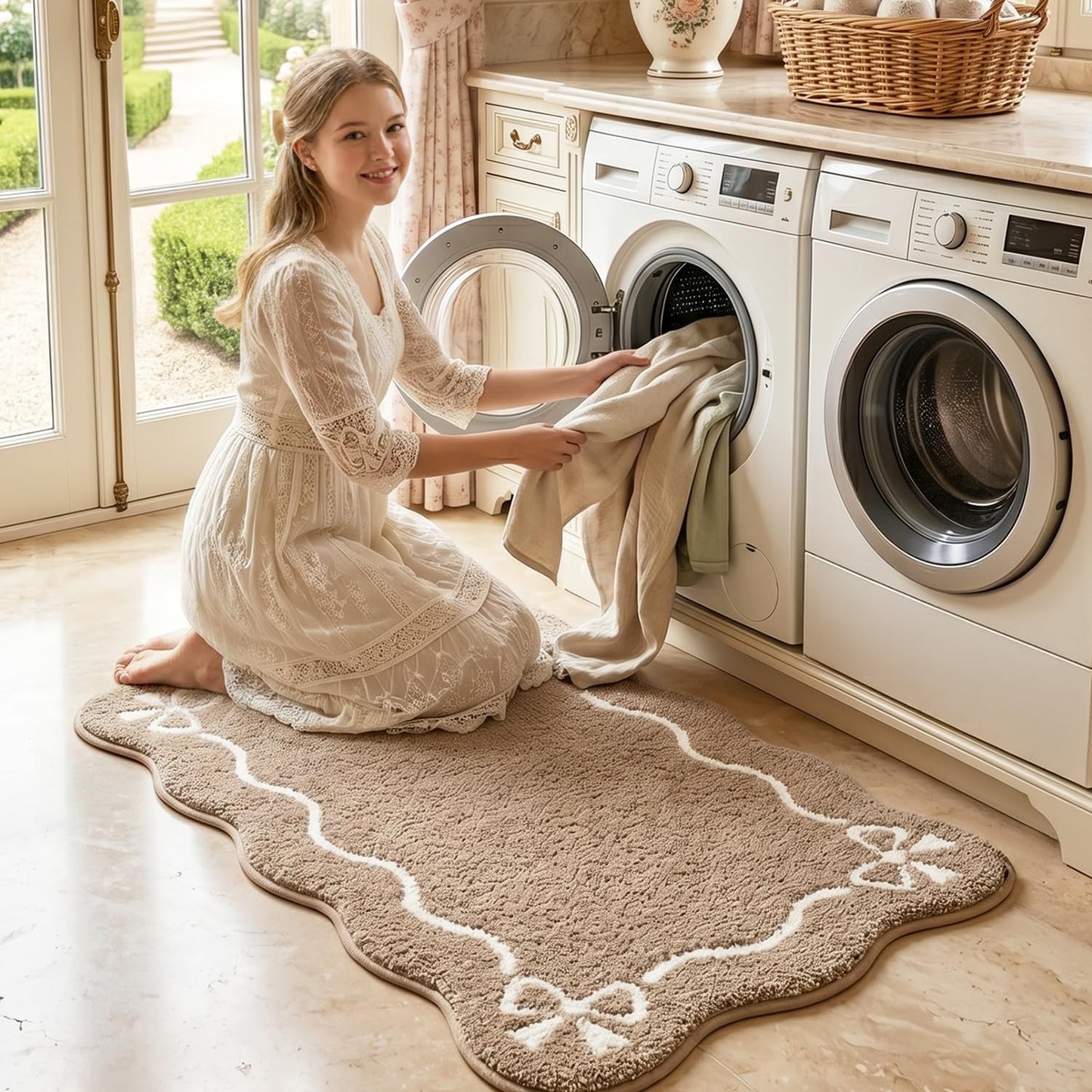 LUMI Scalloped Bathroom Rug, Cute Plush Microfiber Bath Mat, Super Absorbent & Quick Dry Shower Mat, Machine Washable Floor Carpet for Tub
