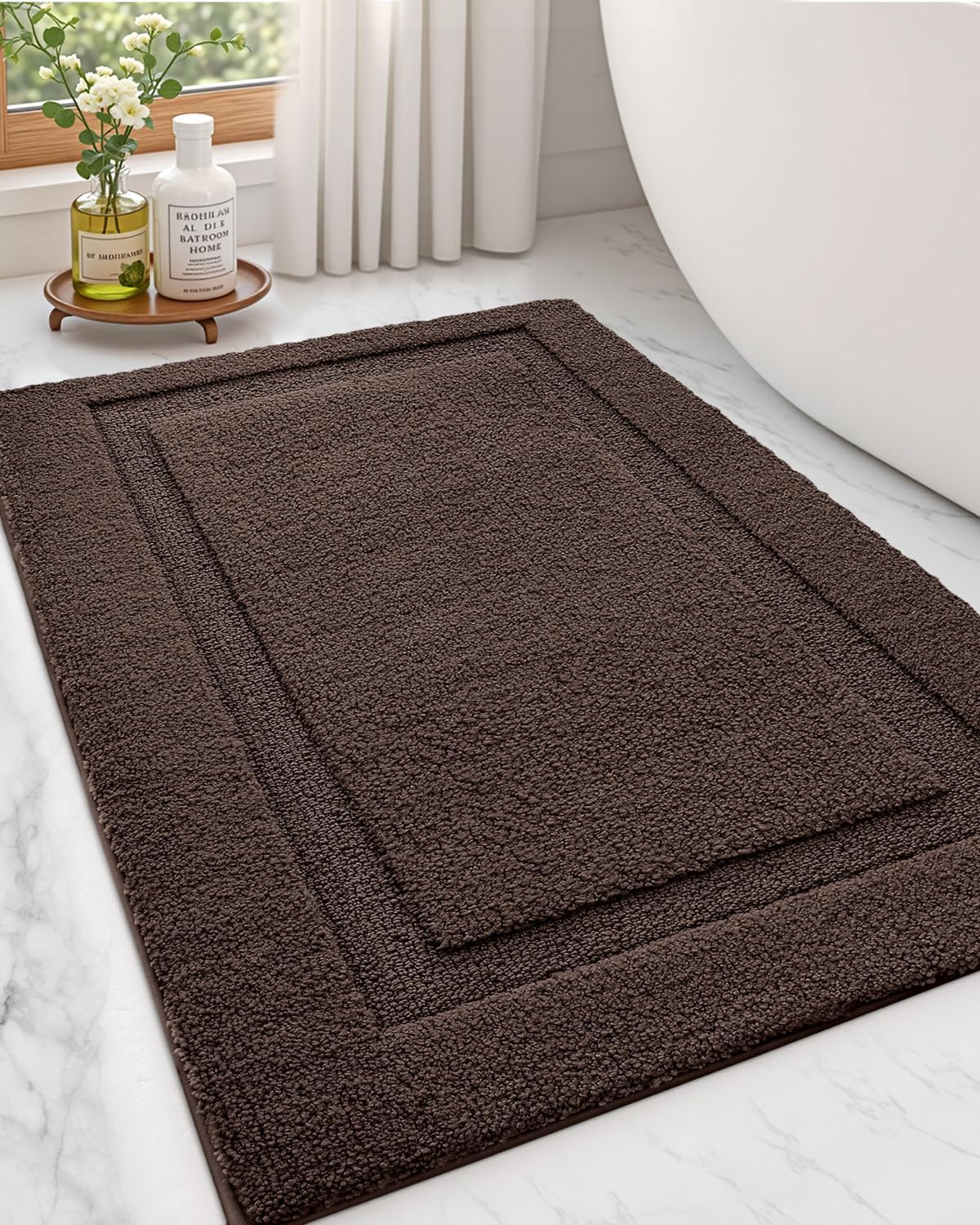 LUMI Ultra Soft Bathroom Rug, Non Slip Rubber Backing, Absorbent Washable Quick Dry, Premium Microfiber Plush, Brown, for Bathtub/Shower Floor
