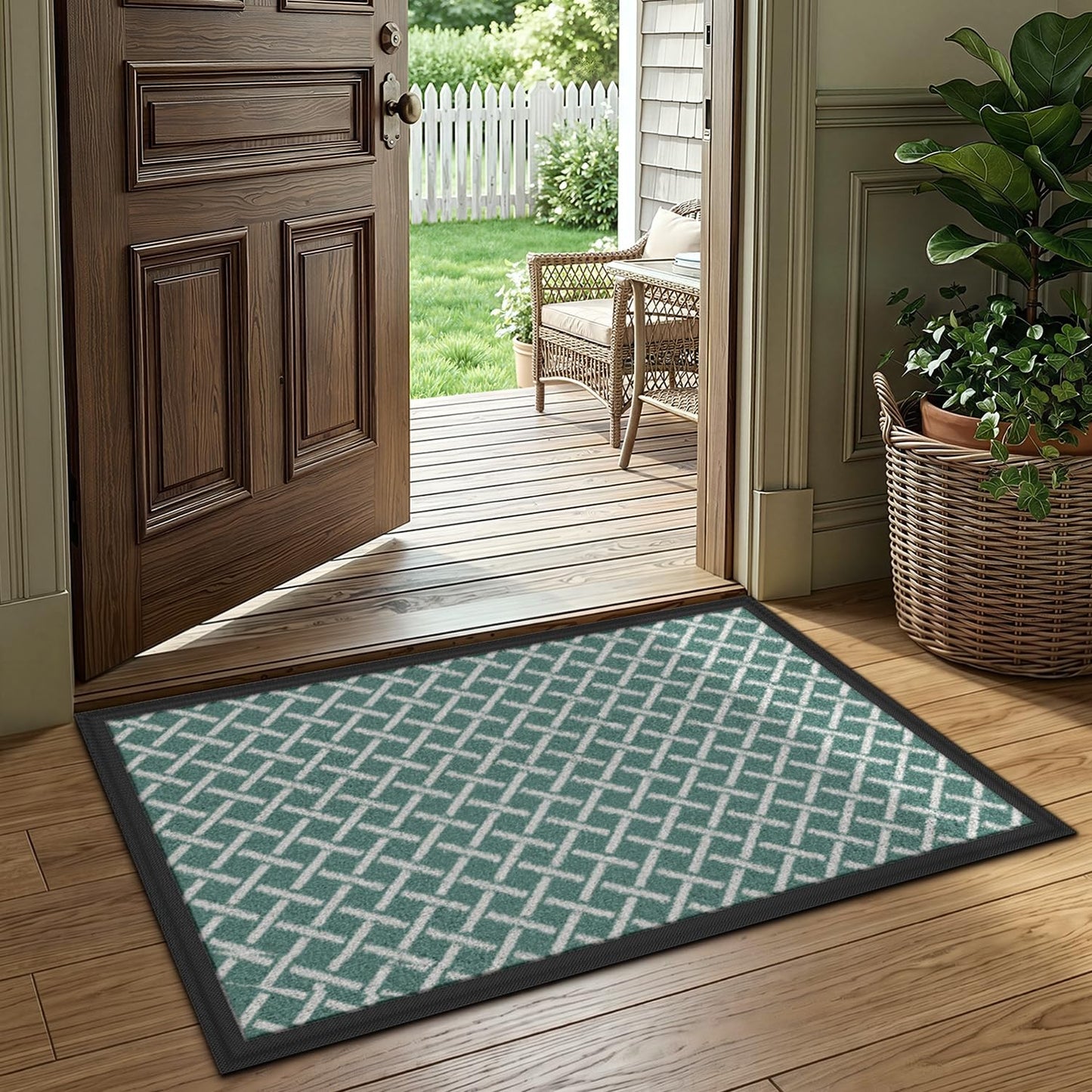 LUMI Front Door Mat 17x30, Low-Profile Non-Slip Welcome Mat for Indoor Outdoor, Stain & Fade Resistant Geometric Door Mat for Entryway Patio Porch, Geo-Navy