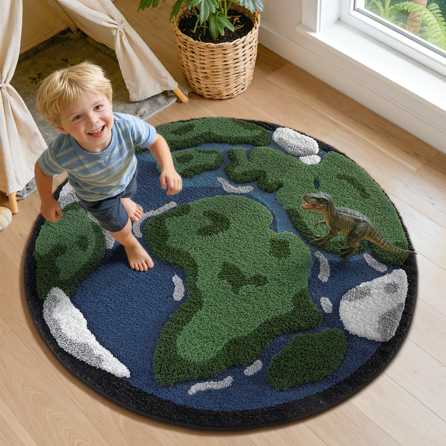 LUMI Round High Pile Earth Globe Bathroom Rug
