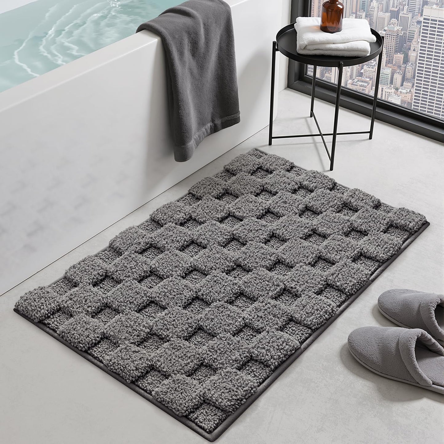 LUMI Non Slip Checkered Bathroom Rugs, Absorbent Waffle Mat, Beige, 16x24